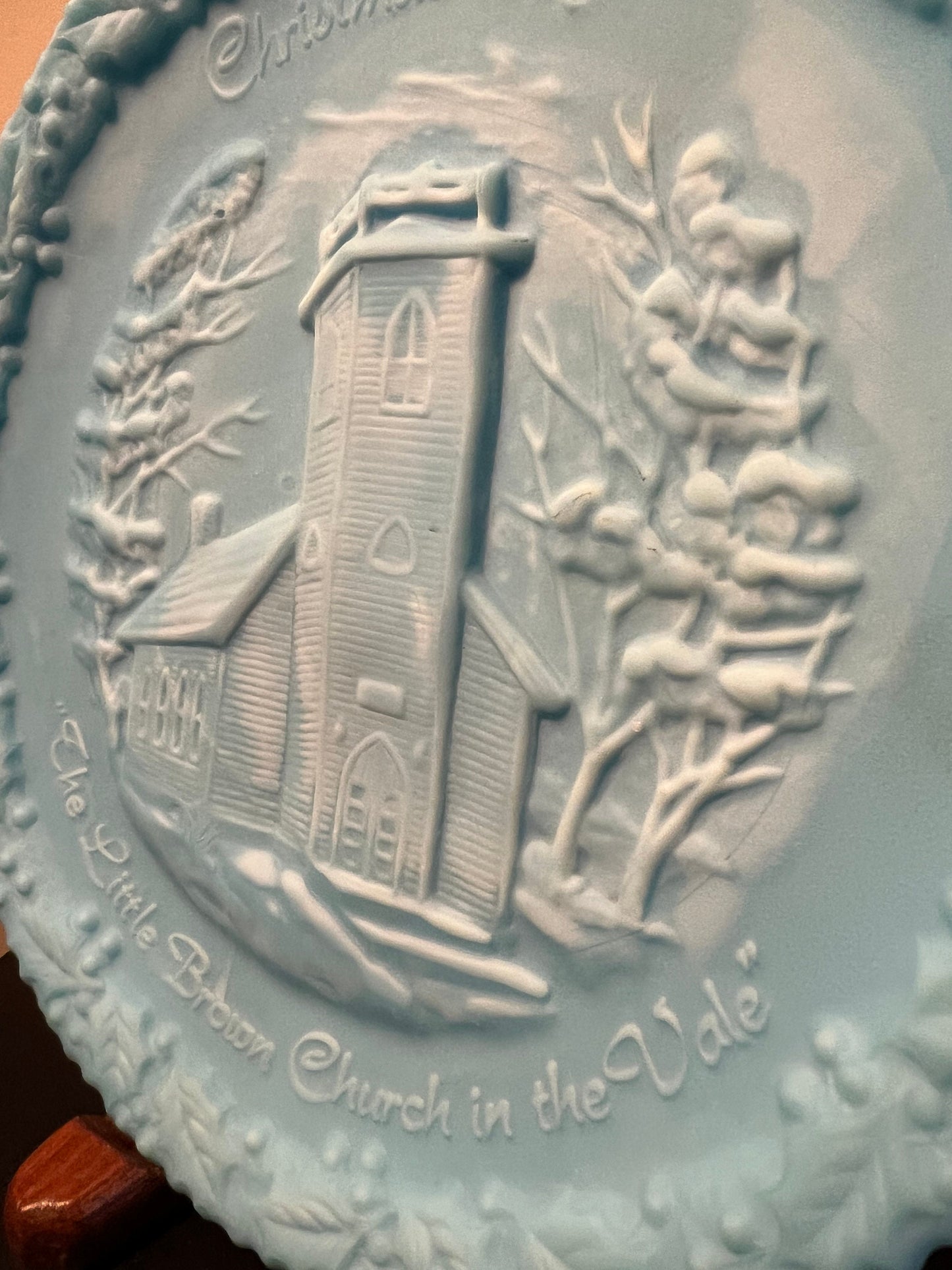 Vintage Fenton Blue Satin Christmas in America No. 1 The Little Brown Church in the Vale Handmade Heavy Pressed Glass Plate Christmas 1970