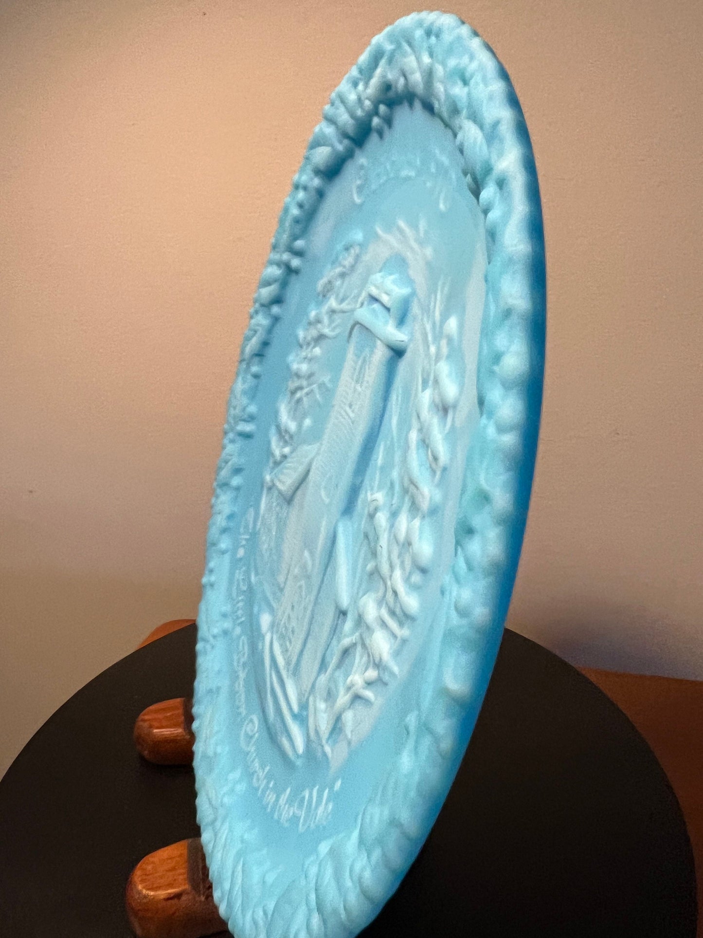 Vintage Fenton Blue Satin Christmas in America No. 1 The Little Brown Church in the Vale Handmade Heavy Pressed Glass Plate Christmas 1970