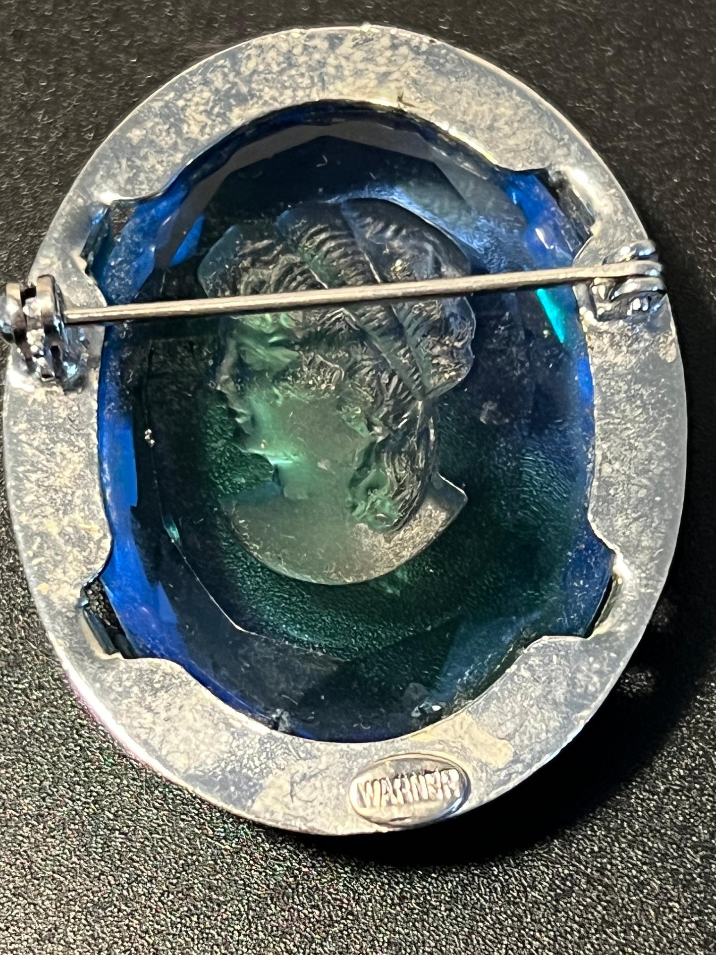 Vintage Cobalt Blue Cameo signed by Warner Reverse Carved Blue Green Woman Image Jewelry Mid Century Modern Lover Antiques and Vintage