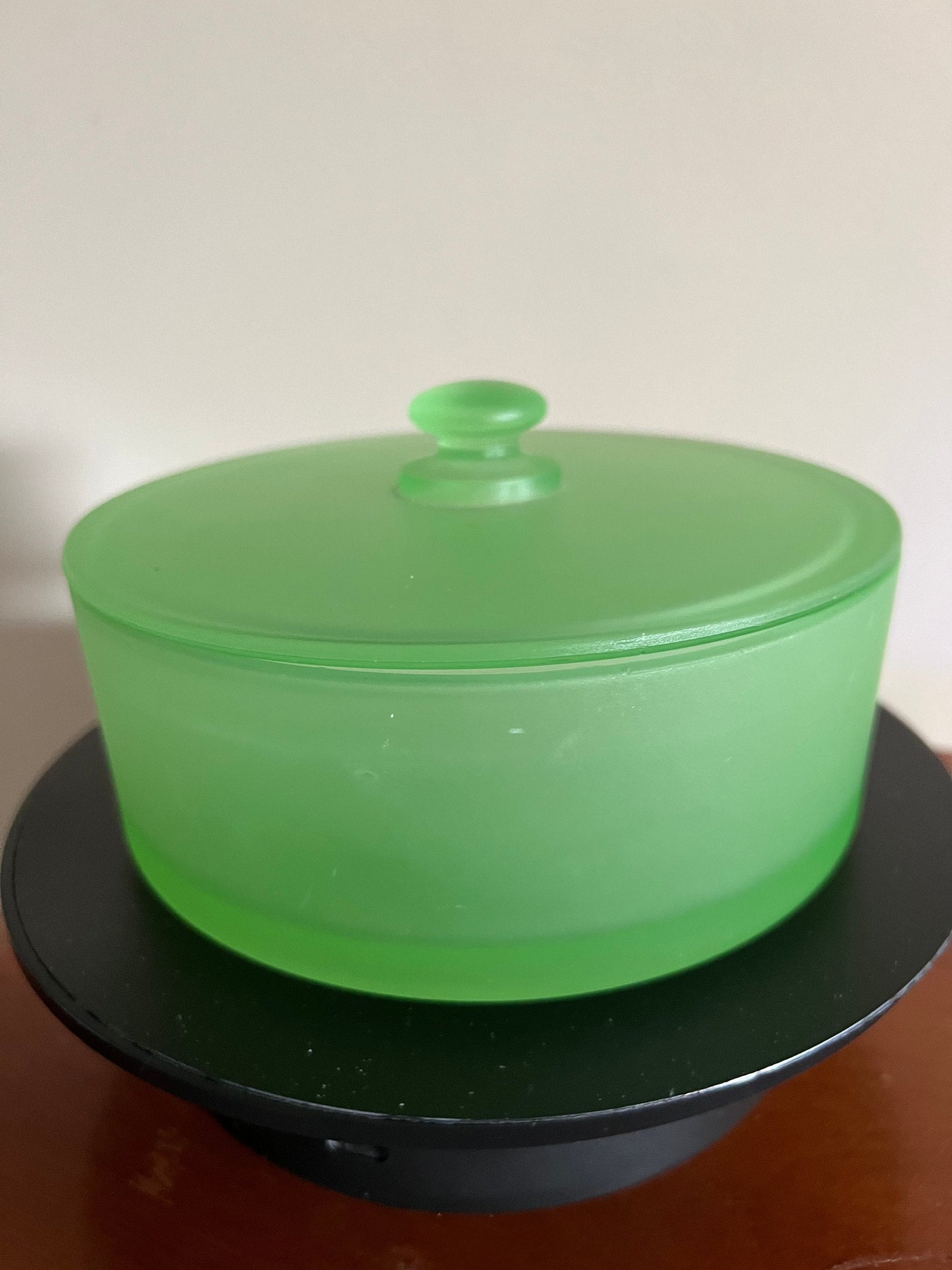 Vintage Vaseline Uranium Glass Powder Container with Lid Dish top Glows Green Art Depression Glass Mid Century Modern Lover Antiques