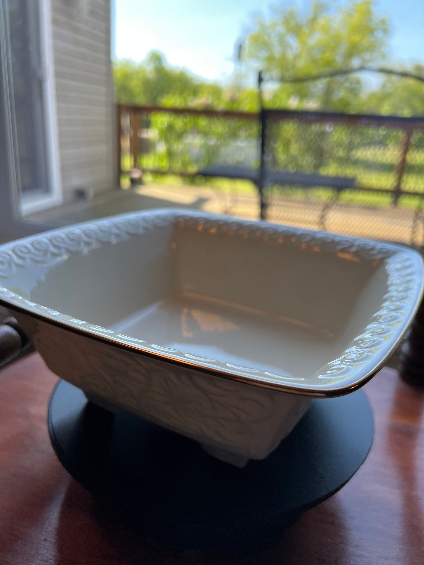 Vintage Lenox Persian Collection Square Centerpiece Bowl Cream Porcelain Basket Weave Design Gold Lining Ceramic Made in USA Lover Antiques