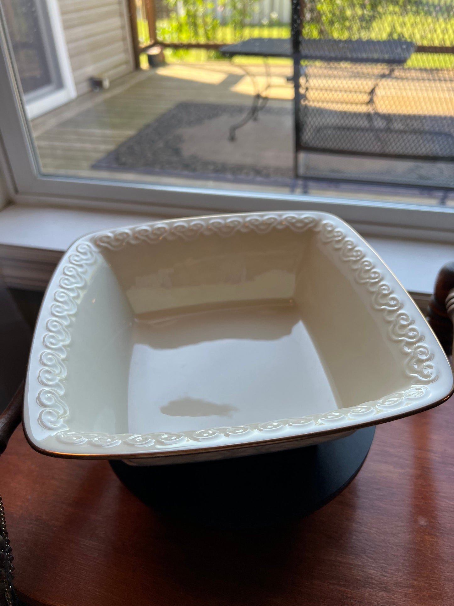 Vintage Lenox Persian Collection Square Centerpiece Bowl Cream Porcelain Basket Weave Design Gold Lining Ceramic Made in USA Lover Antiques
