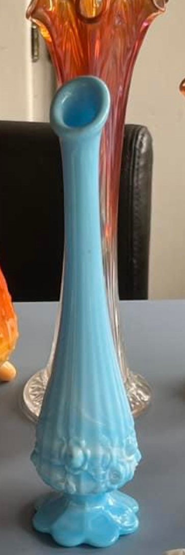 Vintage Fenton Blue Slag Bud Vase, Glass Art,  Cabbage Rose Swung Vase 11” Bud Vase, Flowers, Lover Antiques and Vintage