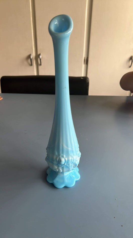 Vintage Fenton Blue Slag Bud Vase, Glass Art,  Cabbage Rose Swung Vase 11” Bud Vase, Flowers, Lover Antiques and Vintage