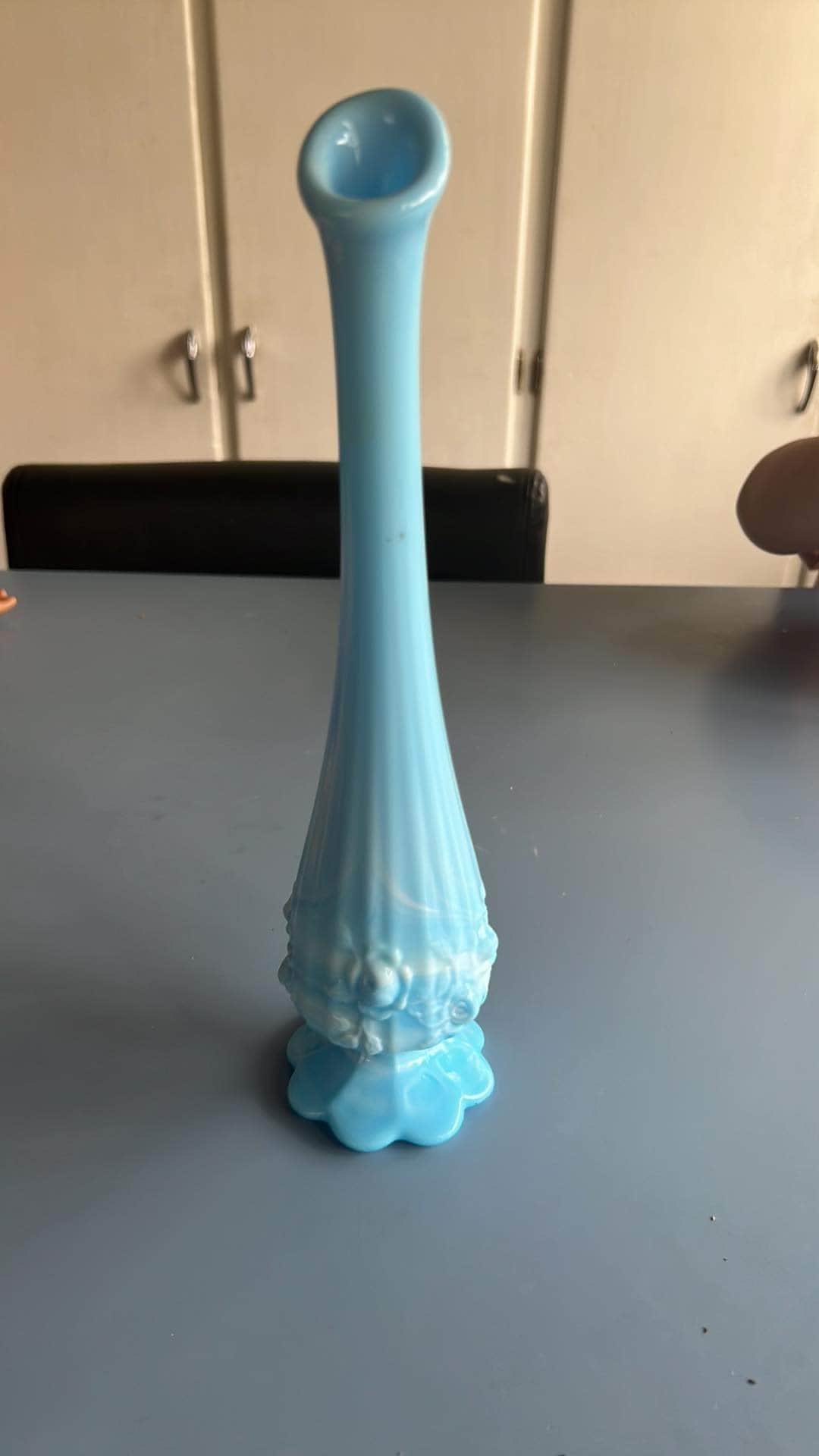 Vintage Fenton Blue Slag Bud Vase, Glass Art,  Cabbage Rose Swung Vase 11” Bud Vase, Flowers, Lover Antiques and Vintage