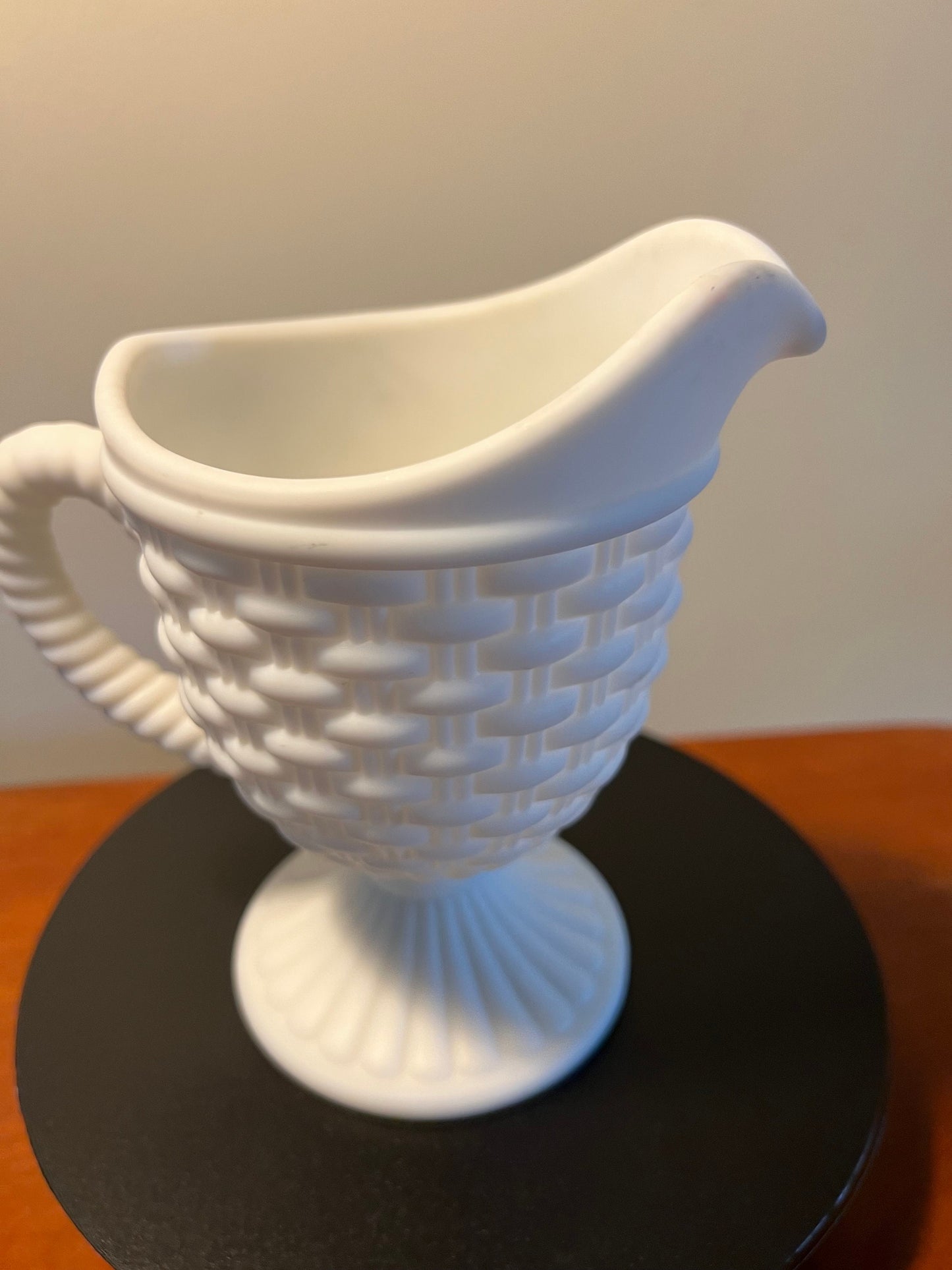 Vintage Imperial Glass Basket Weave White Milk Glass Footed Creamer Pitcher Lover Antiques and Vintage