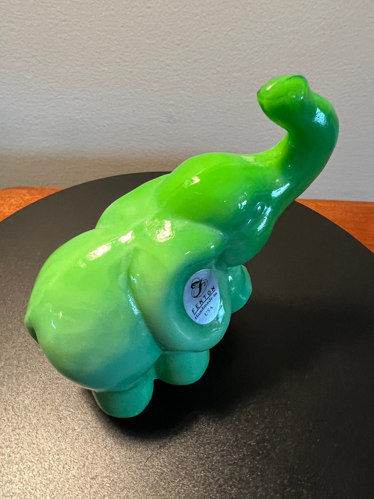 Vintage Green Slag Fenton Elephant Trunk Up Lucky Art Glass figurine figure animal paperweight glass art animals Lover Antiques and Vintage