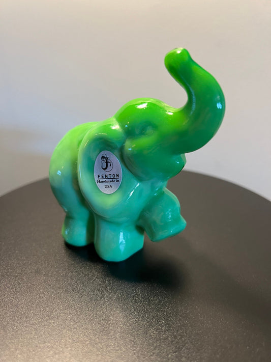 Vintage Green Slag Fenton Elephant Trunk Up Lucky Art Glass figurine figure animal paperweight glass art animals Lover Antiques and Vintage