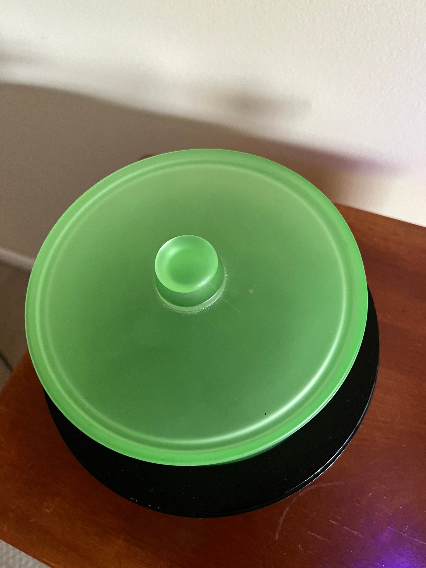 Vintage Vaseline Uranium Glass Powder Container with Lid Dish top Glows Green Art Depression Glass Mid Century Modern Lover Antiques
