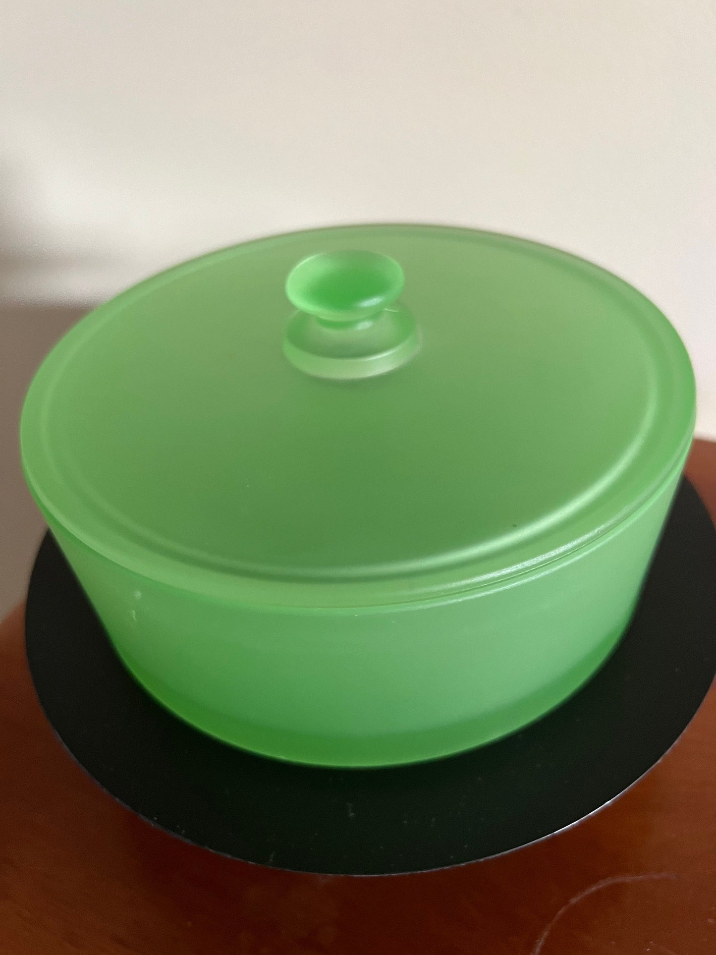Vintage Vaseline Uranium Glass Powder Container with Lid Dish top Glows Green Art Depression Glass Mid Century Modern Lover Antiques