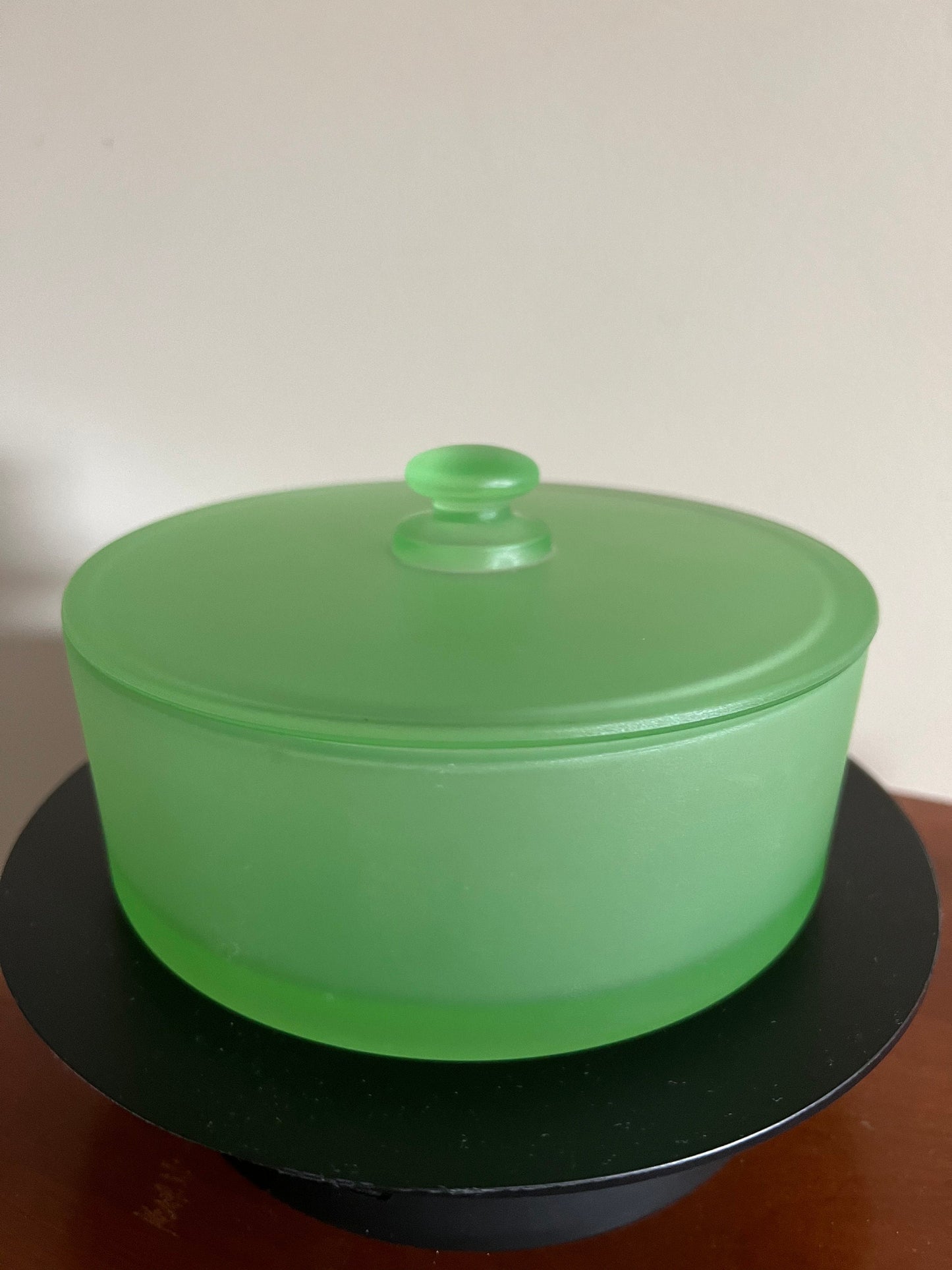 Vintage Vaseline Uranium Glass Powder Container with Lid Dish top Glows Green Art Depression Glass Mid Century Modern Lover Antiques