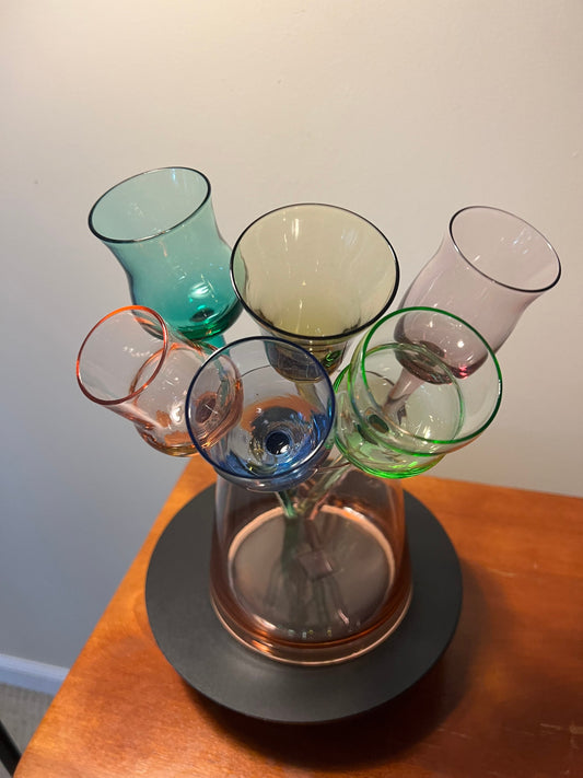 Vintage Elegant Glass Ice Bucket with 6 Multi Colored Stemmed Cordial Glasses Barware Pink, Green, Blue, Purple, Teal, Smoke Lover Antiques