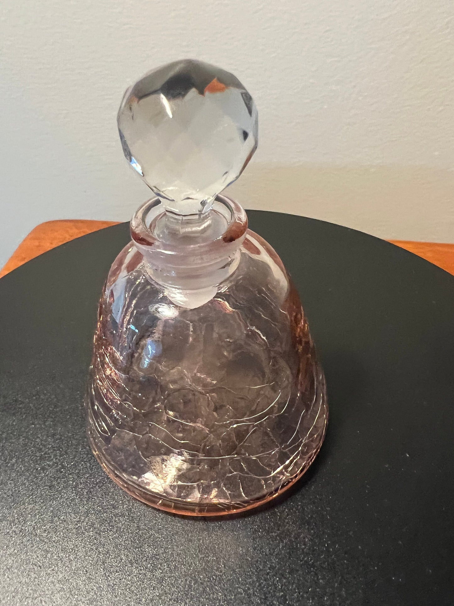 Vintage Pink Crackle Glass Perfume Bottle with Ball Glass Stopper Glass Art Decanter Modern Lover Antiques and Vintage