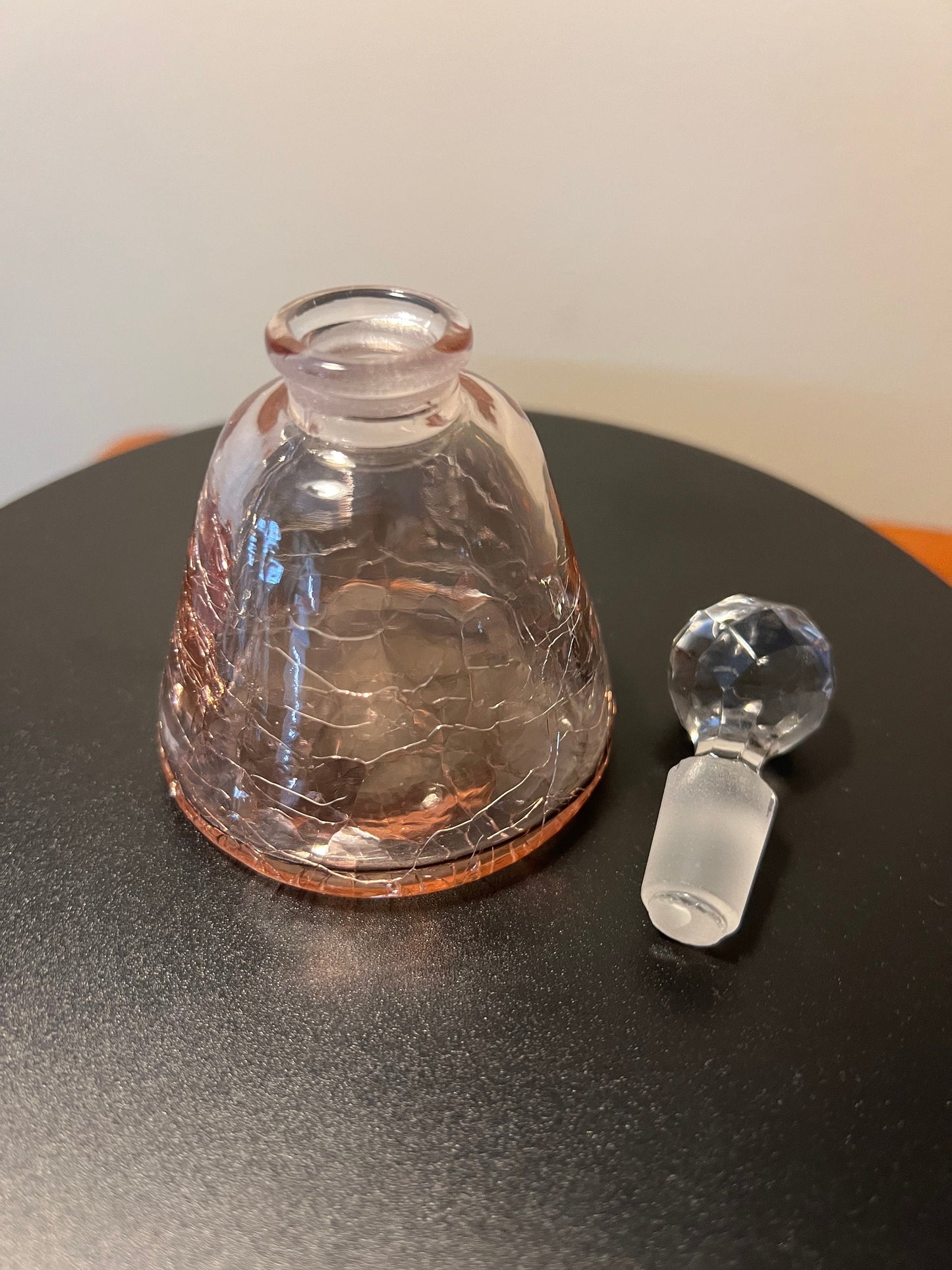 Vintage Pink Crackle Glass Perfume Bottle with Ball Glass Stopper Glass Art Decanter Modern Lover Antiques and Vintage
