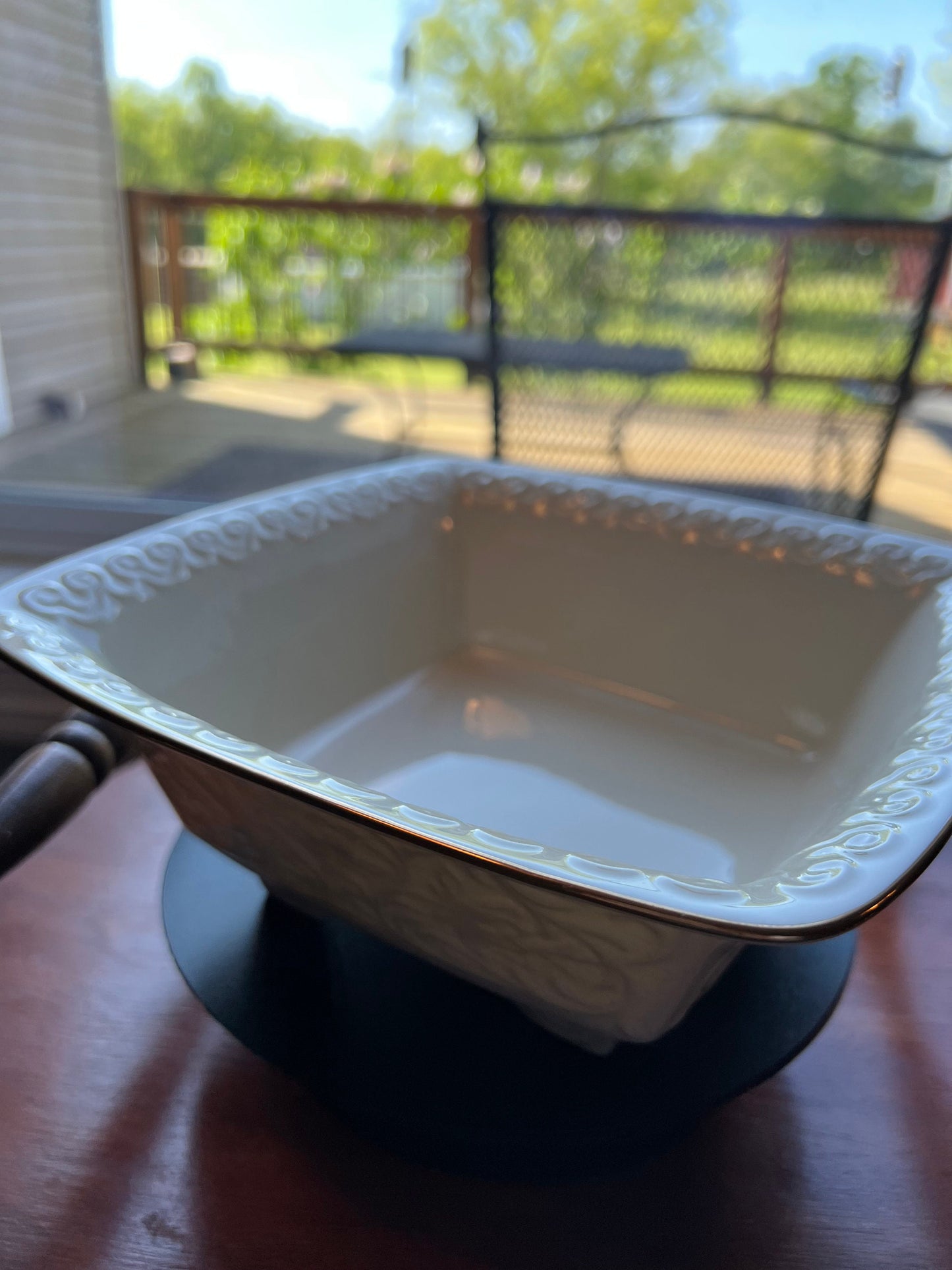 Vintage Lenox Persian Collection Square Centerpiece Bowl Cream Porcelain Basket Weave Design Gold Lining Ceramic Made in USA Lover Antiques