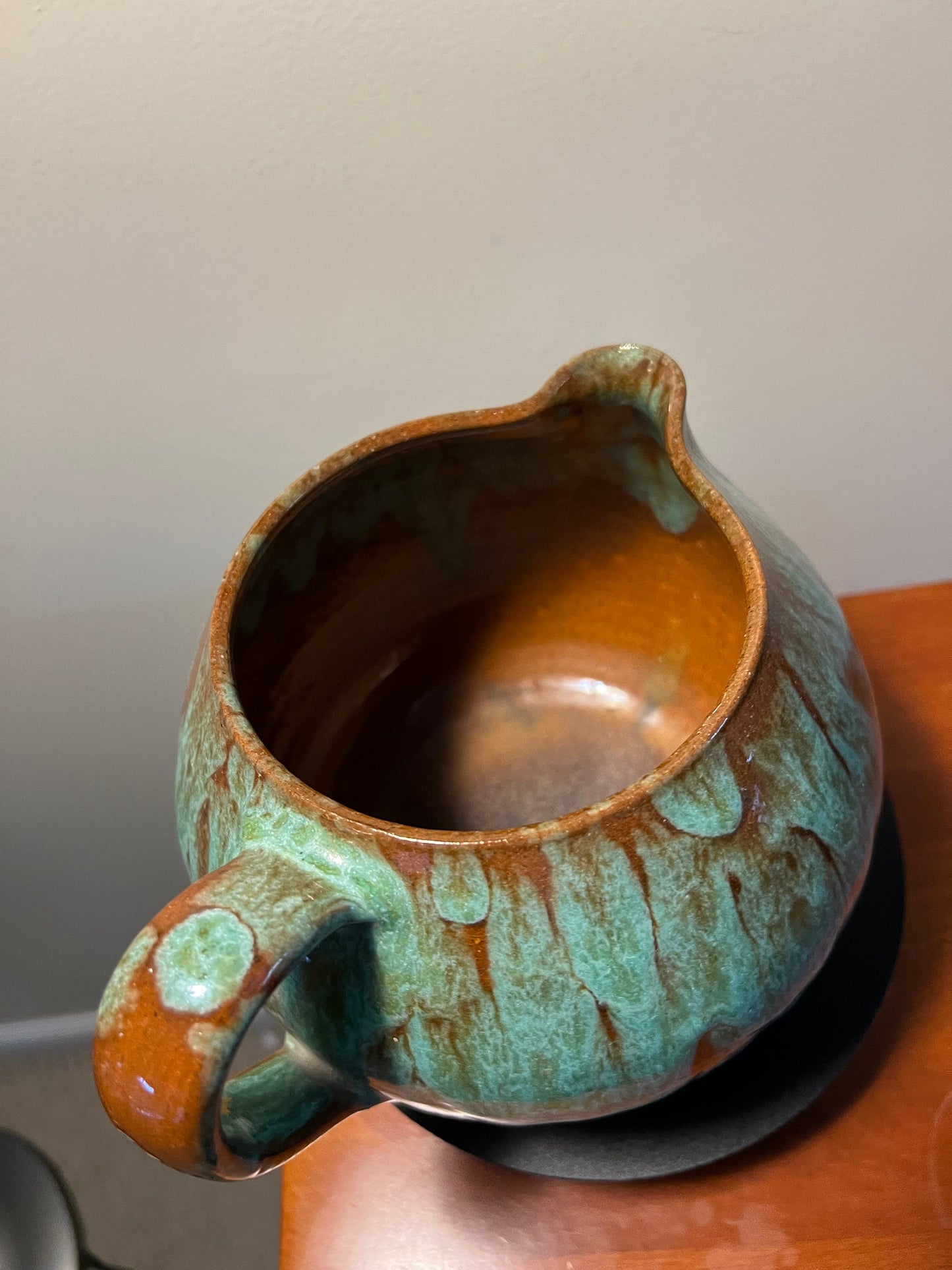 Vintage Hand Dripped Glazed Pottery Pitcher with Handle Green & Brown Rust Lover Antiques