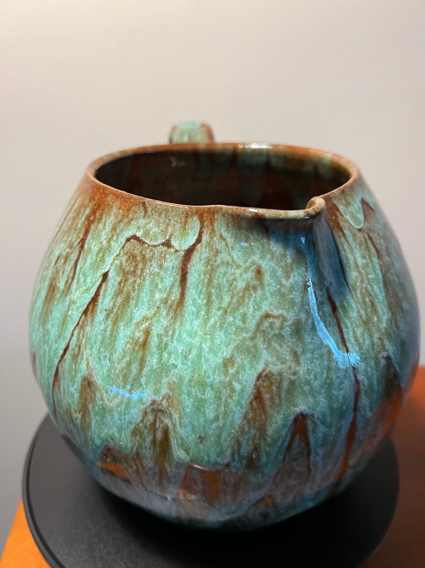 Vintage Hand Dripped Glazed Pottery Pitcher with Handle Green & Brown Rust Lover Antiques