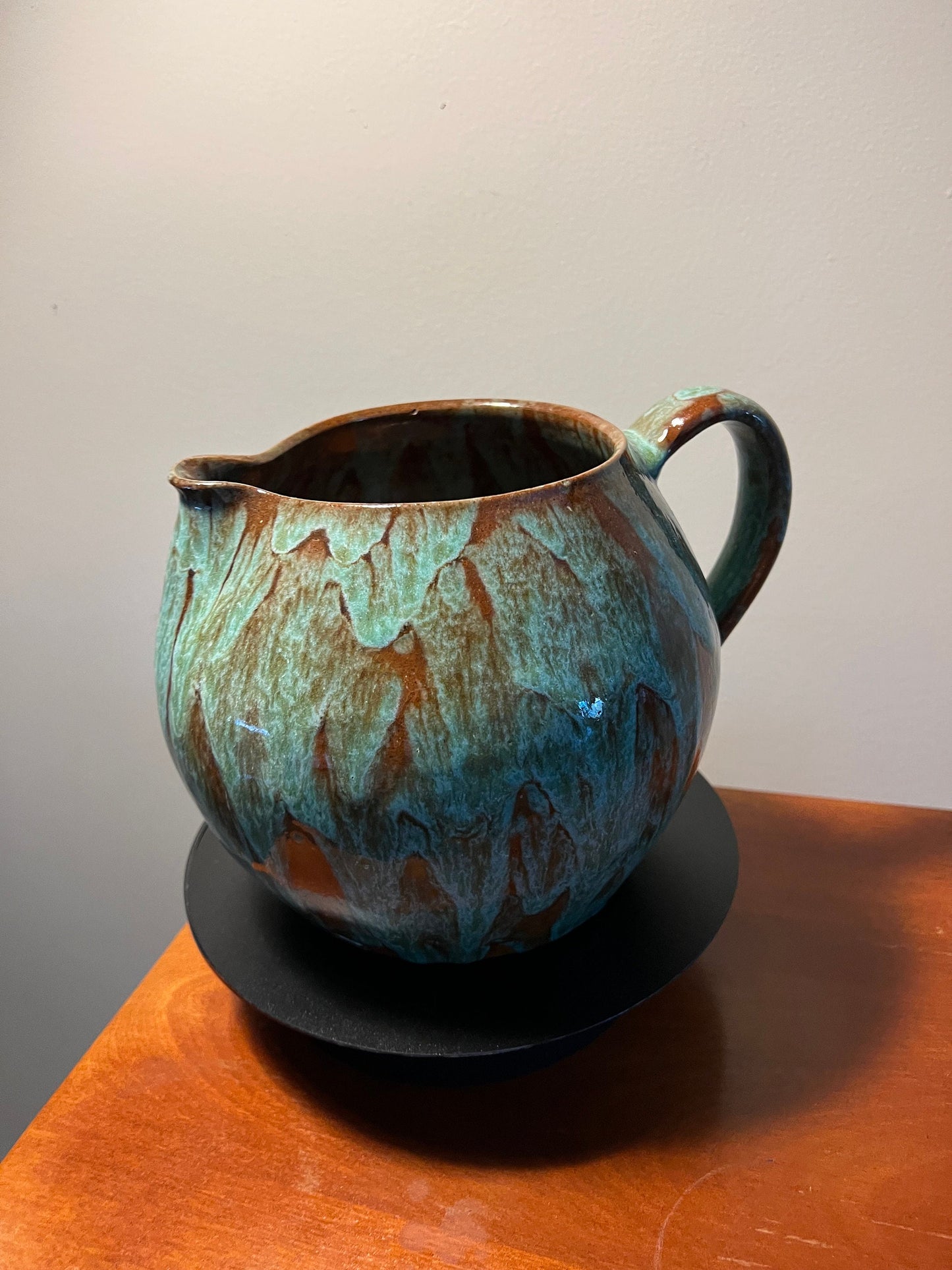 Vintage Hand Dripped Glazed Pottery Pitcher with Handle Green & Brown Rust Lover Antiques