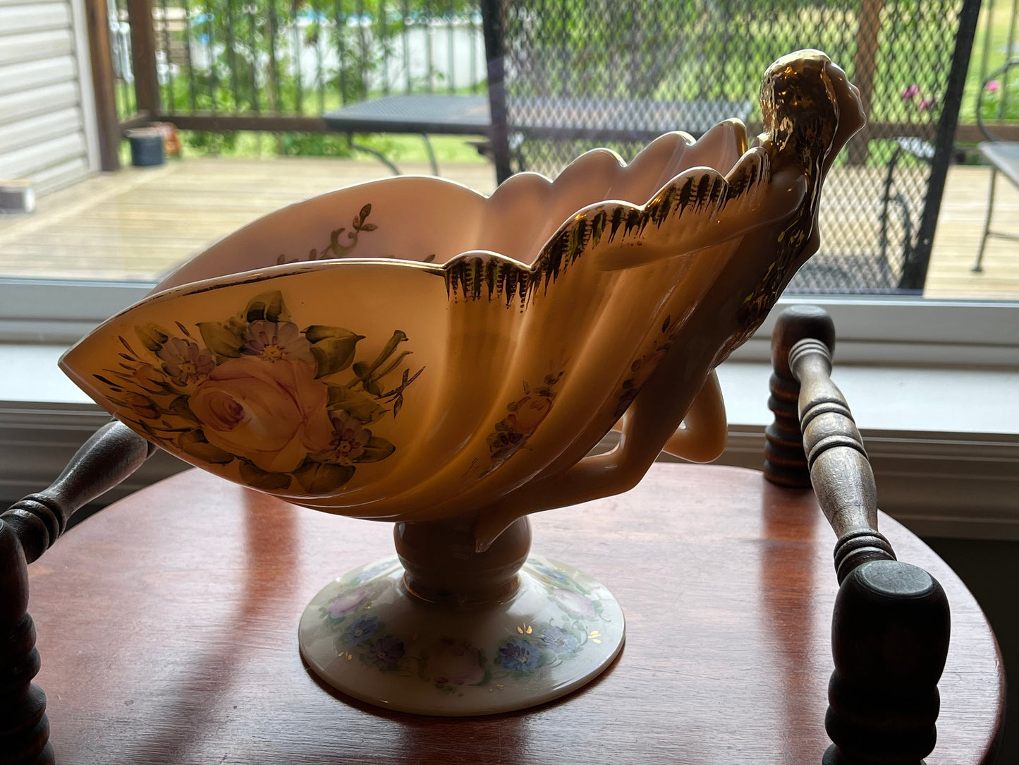 Vintage Cambridge Crown Tuscan Flying Lady Compote Glass Bowl Charleton Gilt and Floral Painting Opalescent Peach Lover Antiques and Vintage