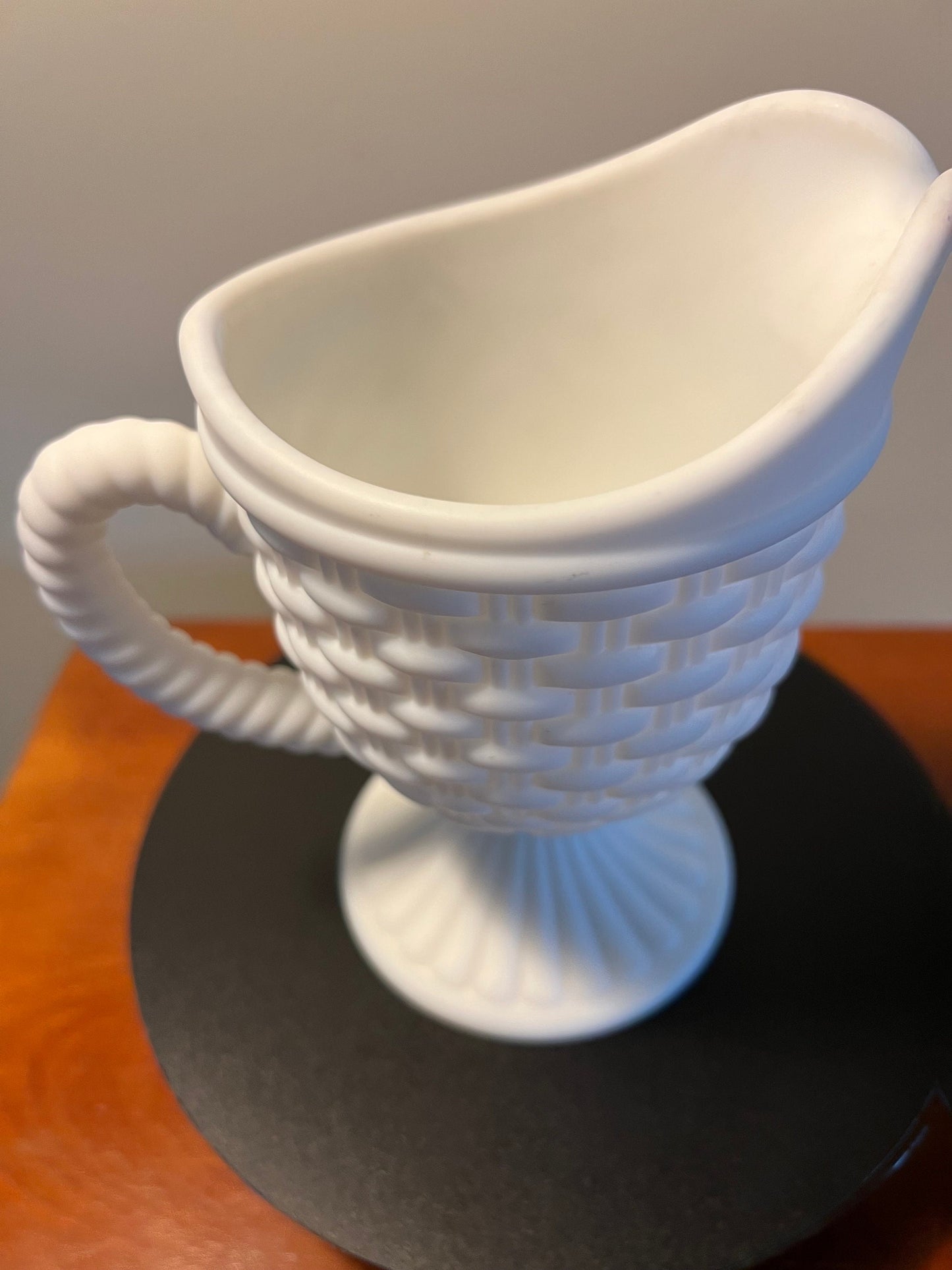 Vintage Imperial Glass Basket Weave White Milk Glass Footed Creamer Pitcher Lover Antiques and Vintage