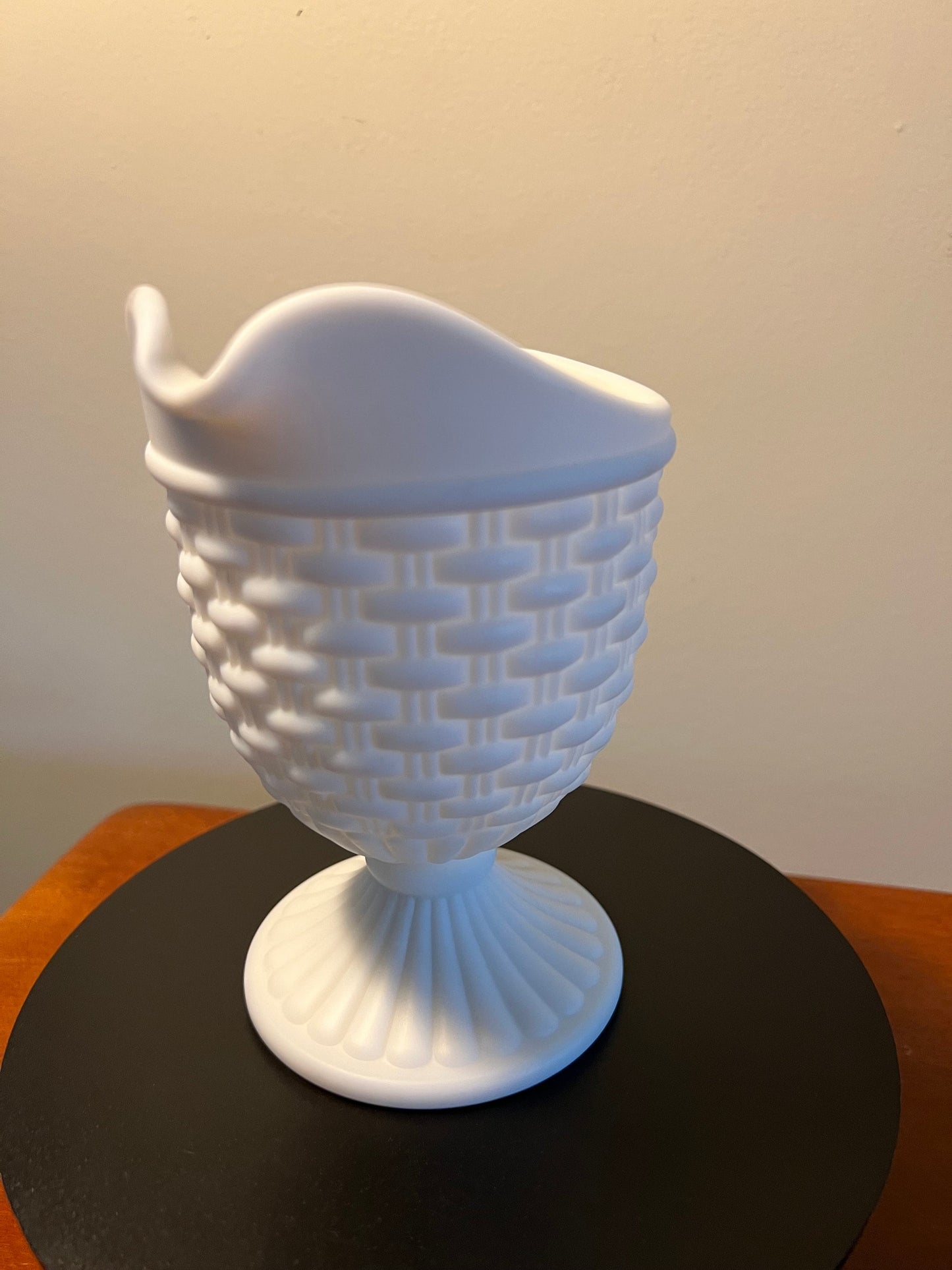 Vintage Imperial Glass Basket Weave White Milk Glass Footed Creamer Pitcher Lover Antiques and Vintage