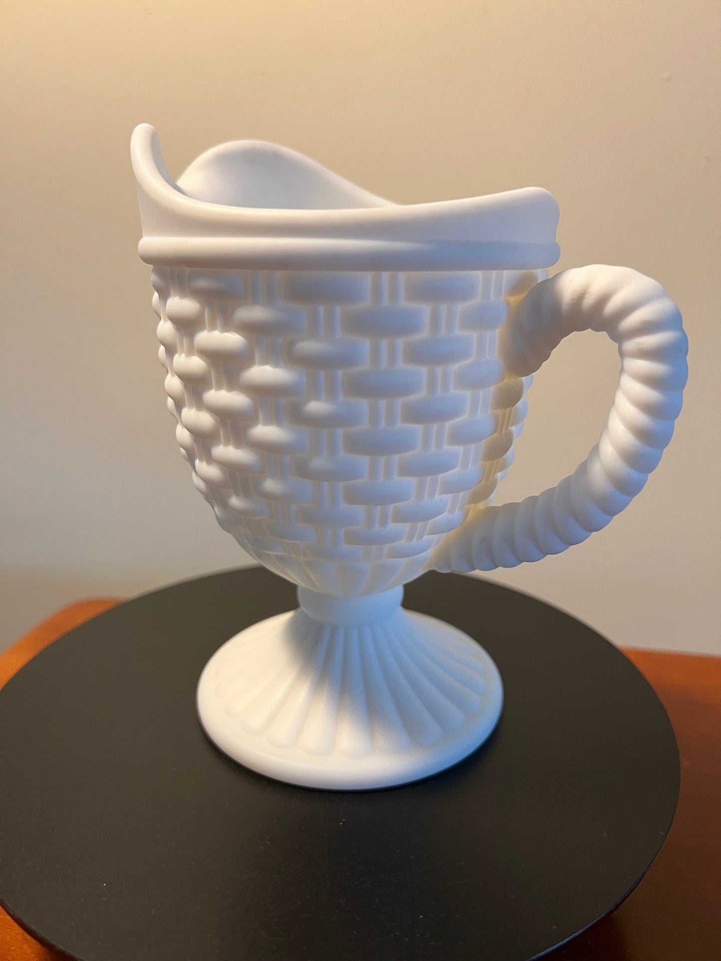 Vintage Imperial Glass Basket Weave White Milk Glass Footed Creamer Pitcher Lover Antiques and Vintage