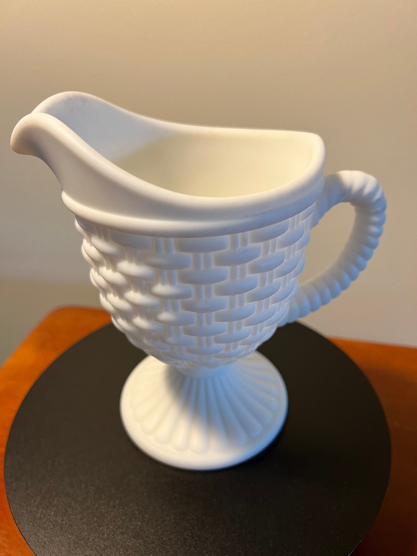 Vintage Imperial Glass Basket Weave White Milk Glass Footed Creamer Pitcher Lover Antiques and Vintage