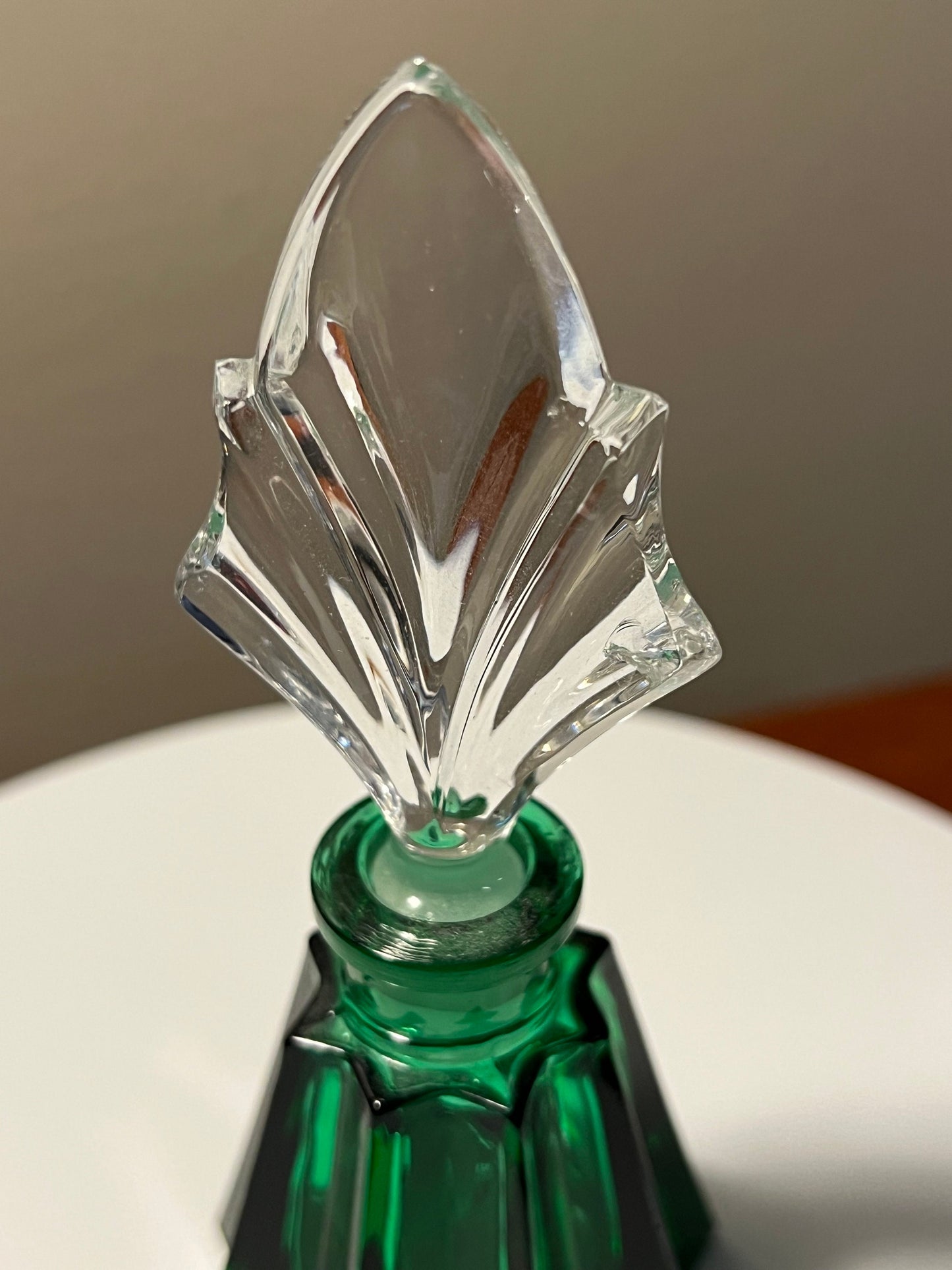 Vintage Je t’aime Green Crystal Collection Made in Germany by Glaswegian Doberman Perfume Bottle Etched Glass Stopper Top Glass Art Deco