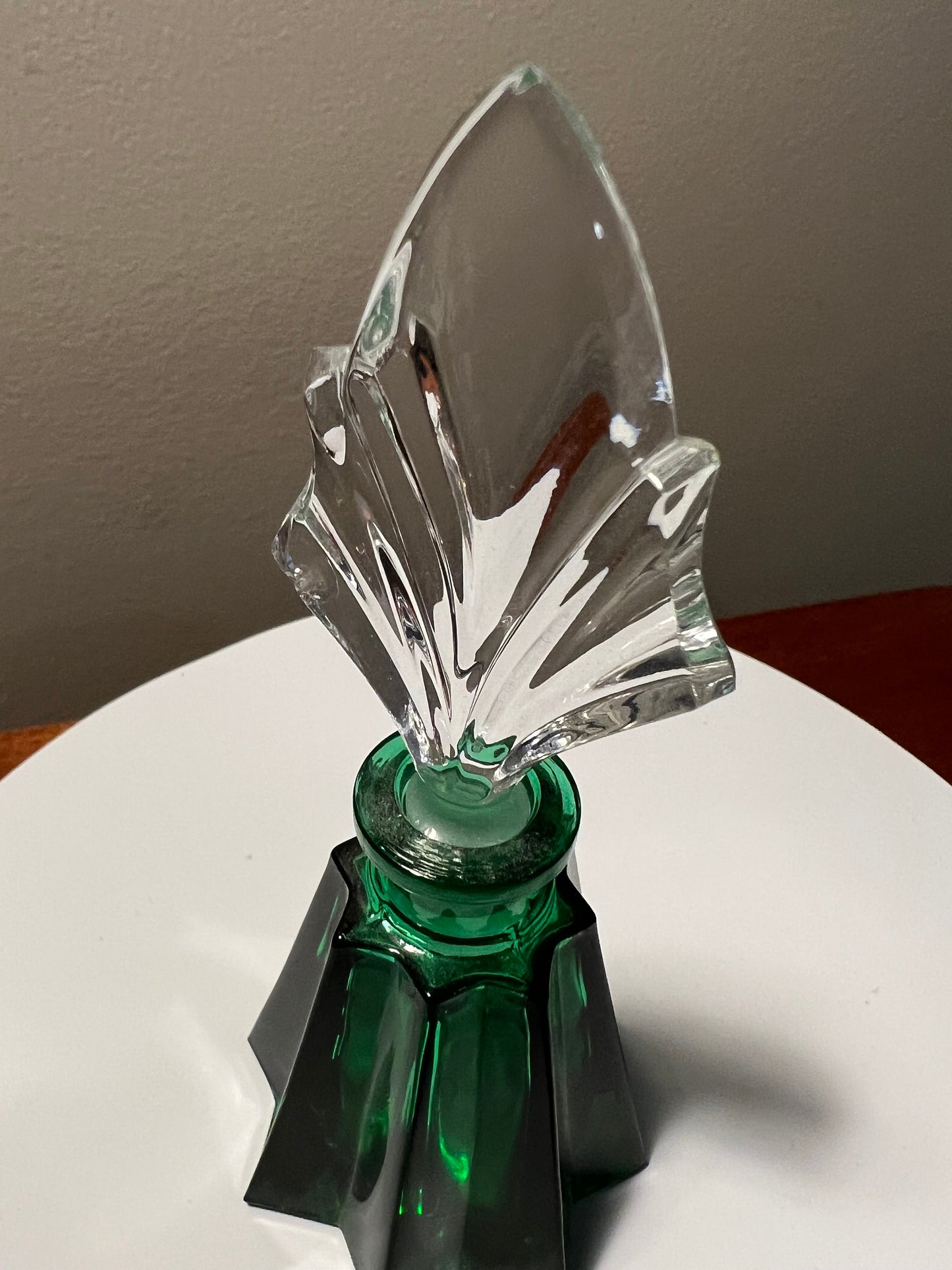 Vintage Je t’aime Green Crystal Collection Made in Germany by Glaswegian Doberman Perfume Bottle Etched Glass Stopper Top Glass Art Deco