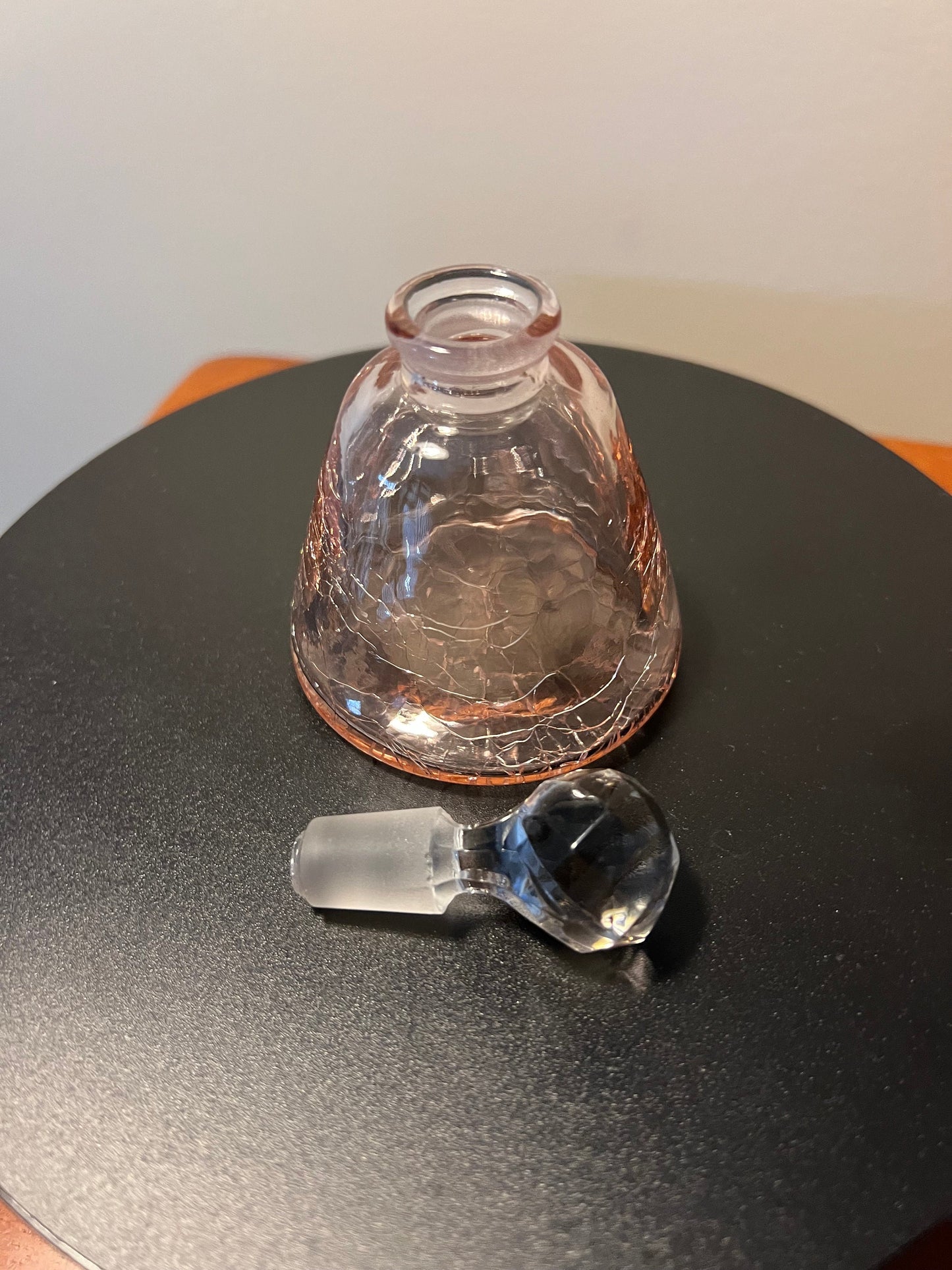 Vintage Pink Crackle Glass Perfume Bottle with Ball Glass Stopper Glass Art Decanter Modern Lover Antiques and Vintage