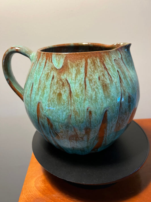 Vintage Hand Dripped Glazed Pottery Pitcher with Handle Green & Brown Rust Lover Antiques