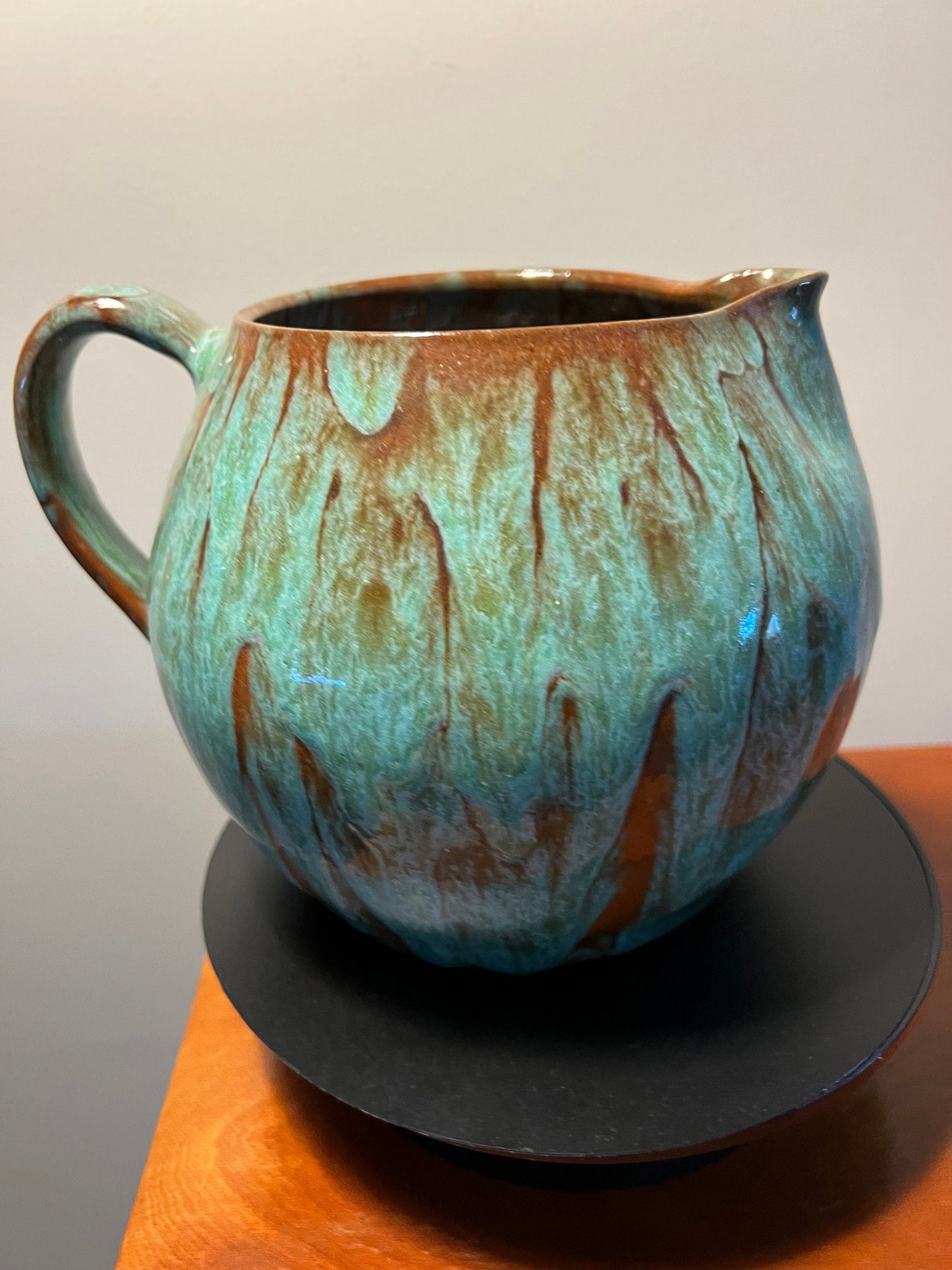 Vintage Hand Dripped Glazed Pottery Pitcher with Handle Green & Brown Rust Lover Antiques