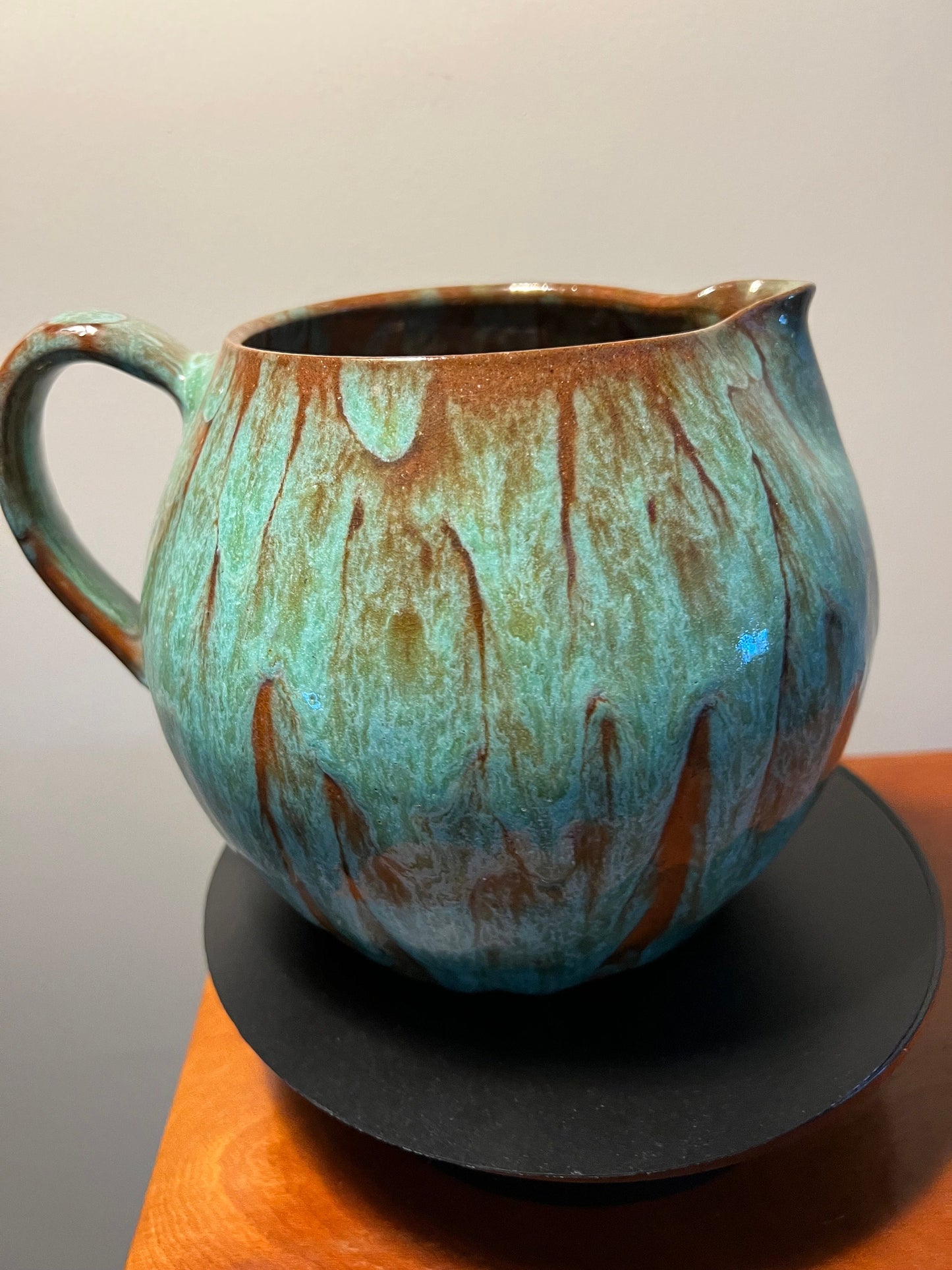 Vintage Hand Dripped Glazed Pottery Pitcher with Handle Green & Brown Rust Lover Antiques
