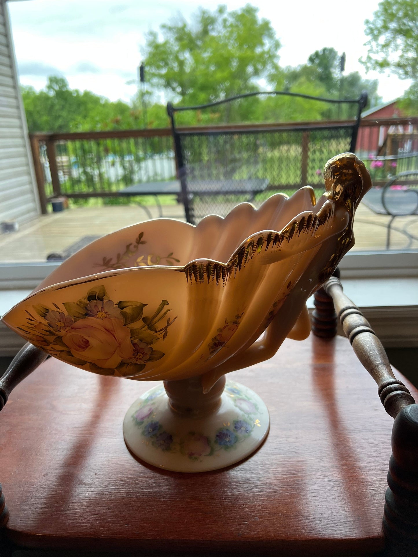 Vintage Cambridge Crown Tuscan Flying Lady Compote Glass Bowl Charleton Gilt and Floral Painting Opalescent Peach Lover Antiques and Vintage