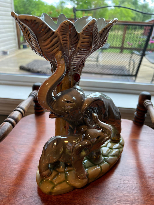 Vintage Elephant Sculpture Palm Tree Ceramic Figurine Home Decor Elephants Lover Antiques