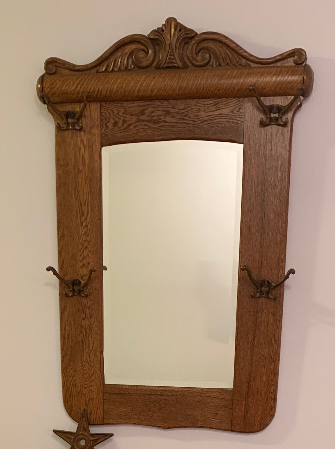 Antique Victorian Oak Hall Tree Mirror Wall Mirror Entryway Coat Hook Tiger Oak Lover Antiques and Vintage