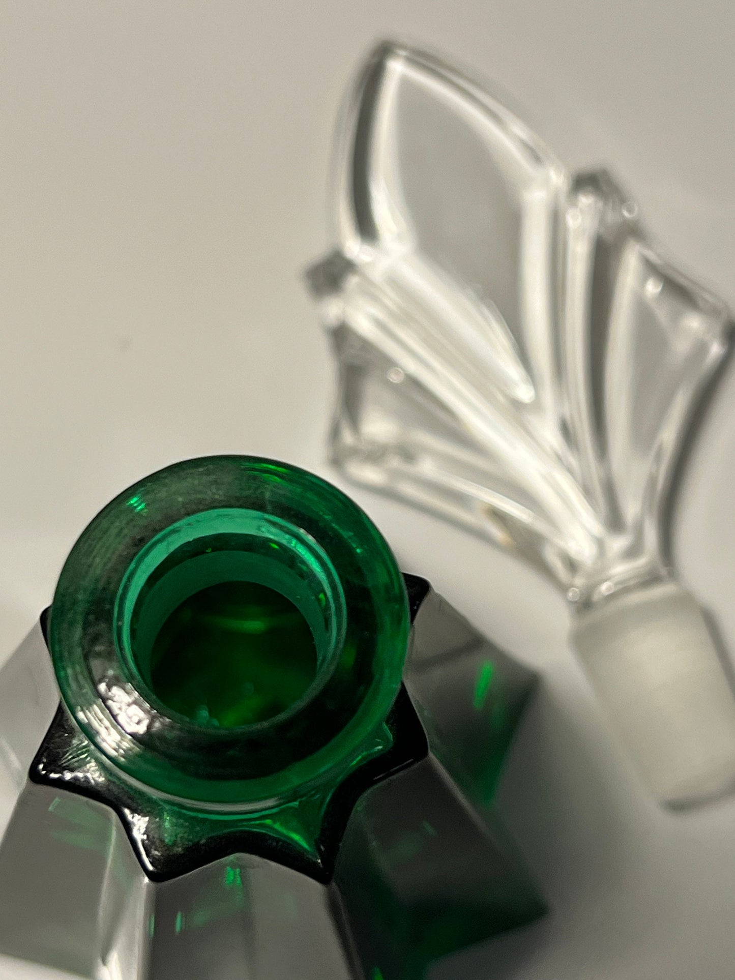Vintage Je t’aime Green Crystal Collection Made in Germany by Glaswegian Doberman Perfume Bottle Etched Glass Stopper Top Glass Art Deco