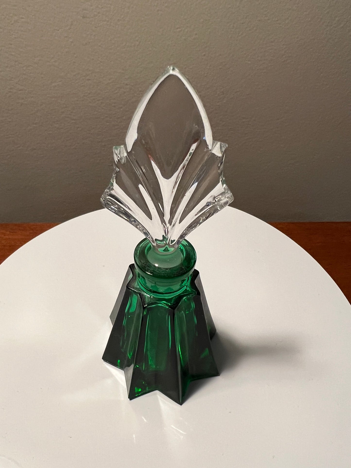 Vintage Je t’aime Green Crystal Collection Made in Germany by Glaswegian Doberman Perfume Bottle Etched Glass Stopper Top Glass Art Deco