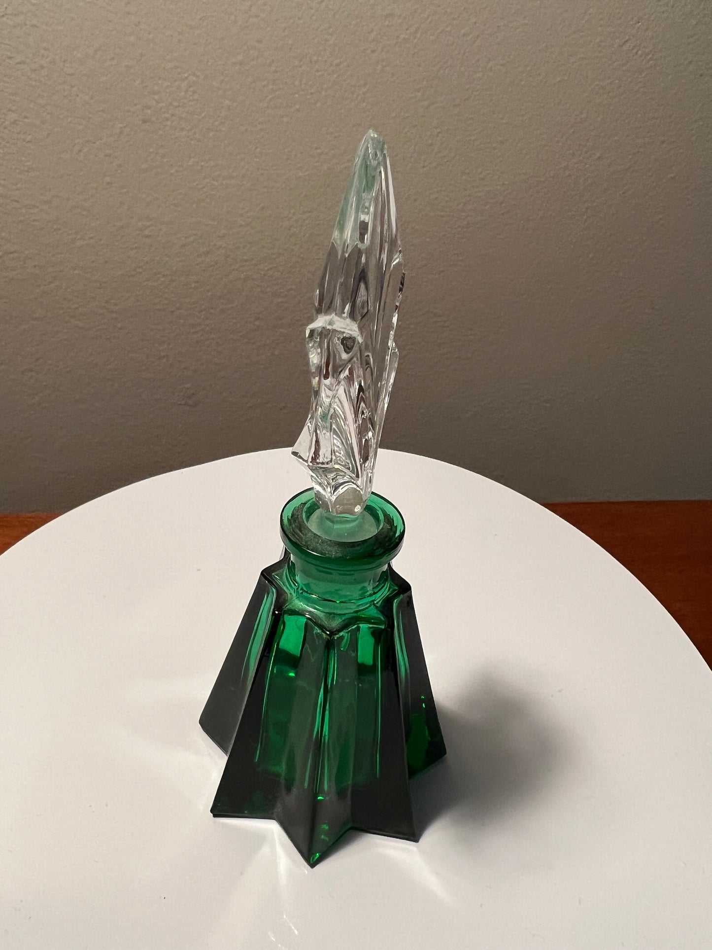 Vintage Je t’aime Green Crystal Collection Made in Germany by Glaswegian Doberman Perfume Bottle Etched Glass Stopper Top Glass Art Deco