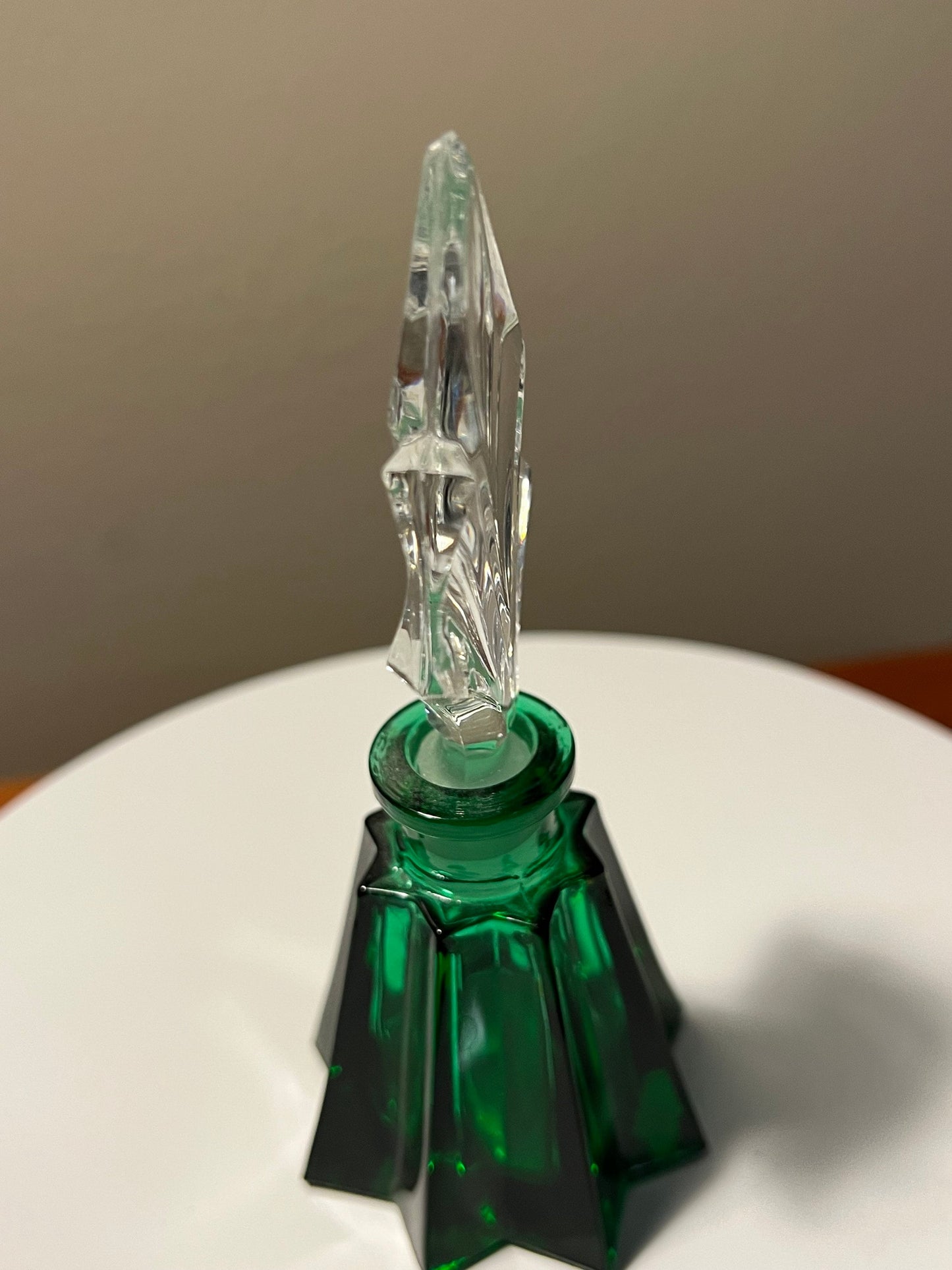 Vintage Je t’aime Green Crystal Collection Made in Germany by Glaswegian Doberman Perfume Bottle Etched Glass Stopper Top Glass Art Deco