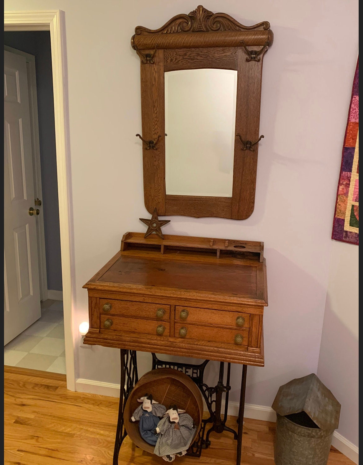 Antique Victorian Oak Desk Vanity with Jones Cast Iron Bottom Entryway Lover Antiques and Vintage