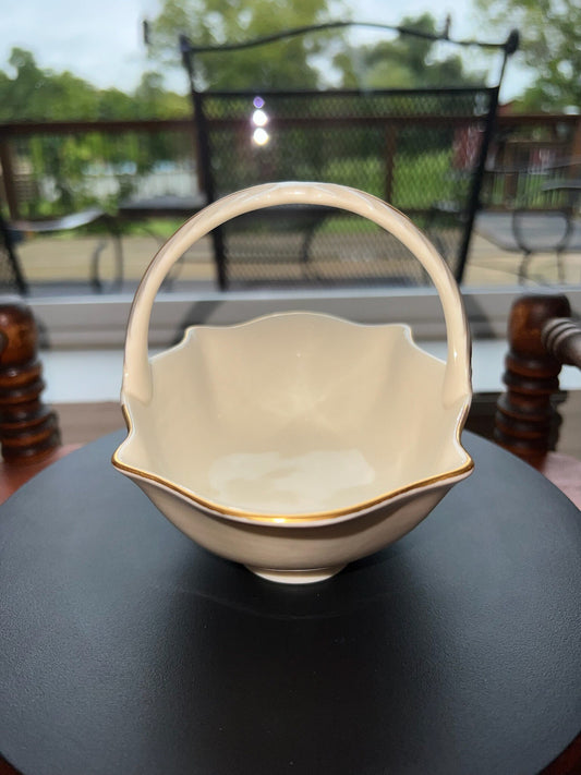 Vintage Lenox Cream Porcelain Basket Nut Dish 24K Gold Gilded Flower Embossed Pretty Things Made in USA Lover Antiques