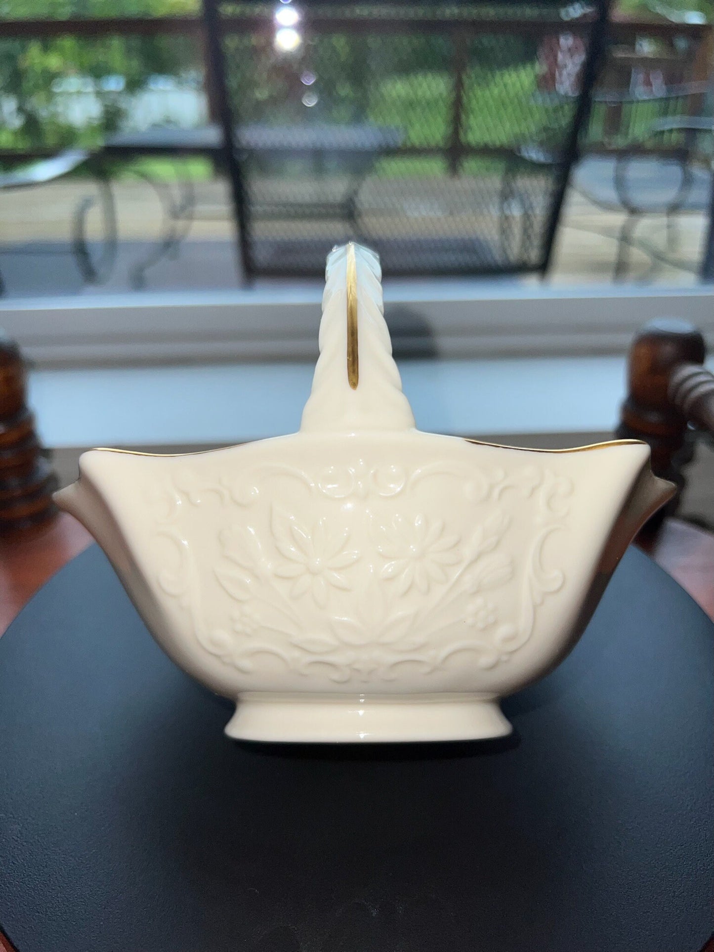 Vintage Lenox Cream Porcelain Basket Nut Dish 24K Gold Gilded Flower Embossed Pretty Things Made in USA Lover Antiques