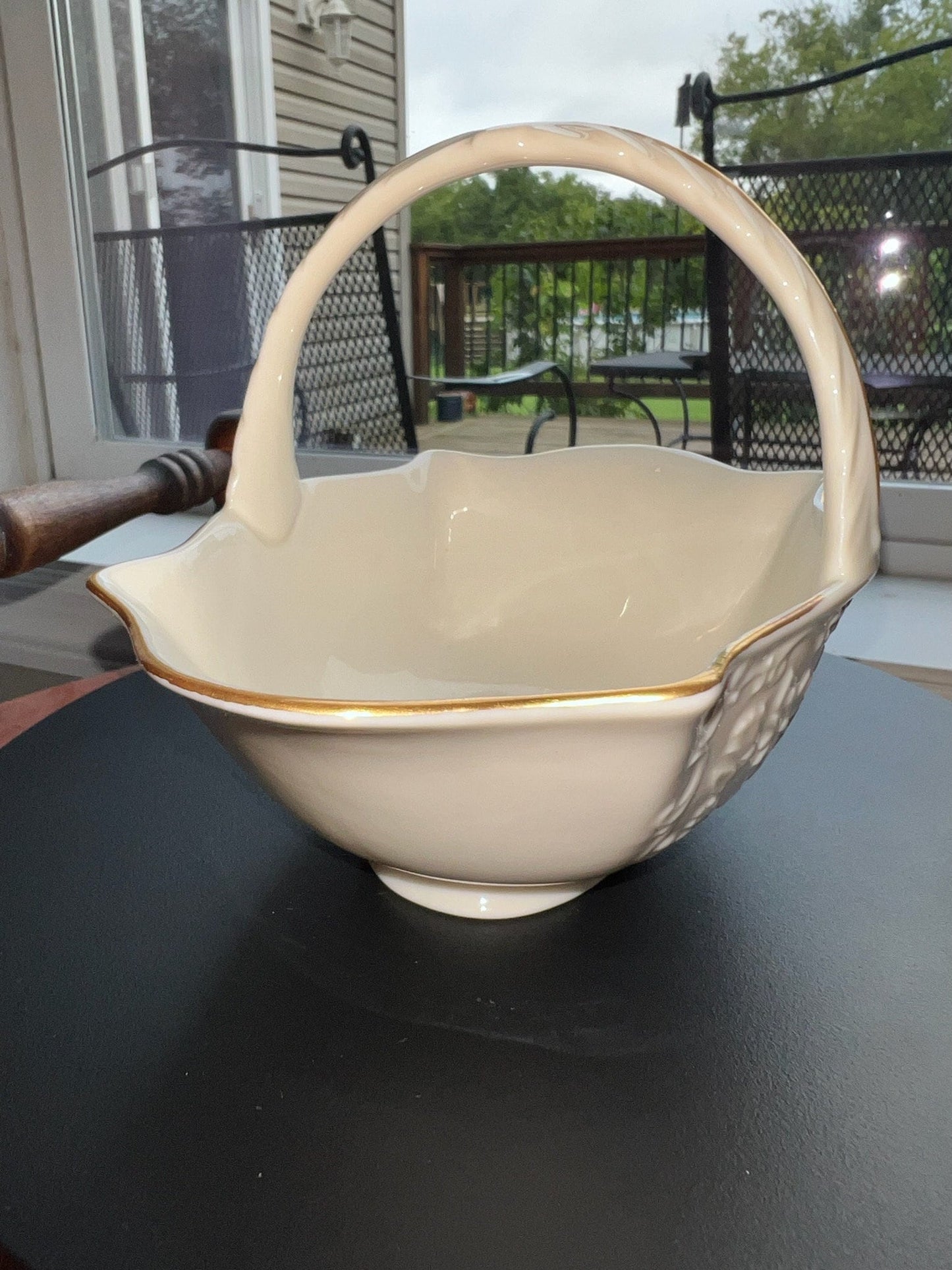 Vintage Lenox Cream Porcelain Basket Nut Dish 24K Gold Gilded Flower Embossed Pretty Things Made in USA Lover Antiques