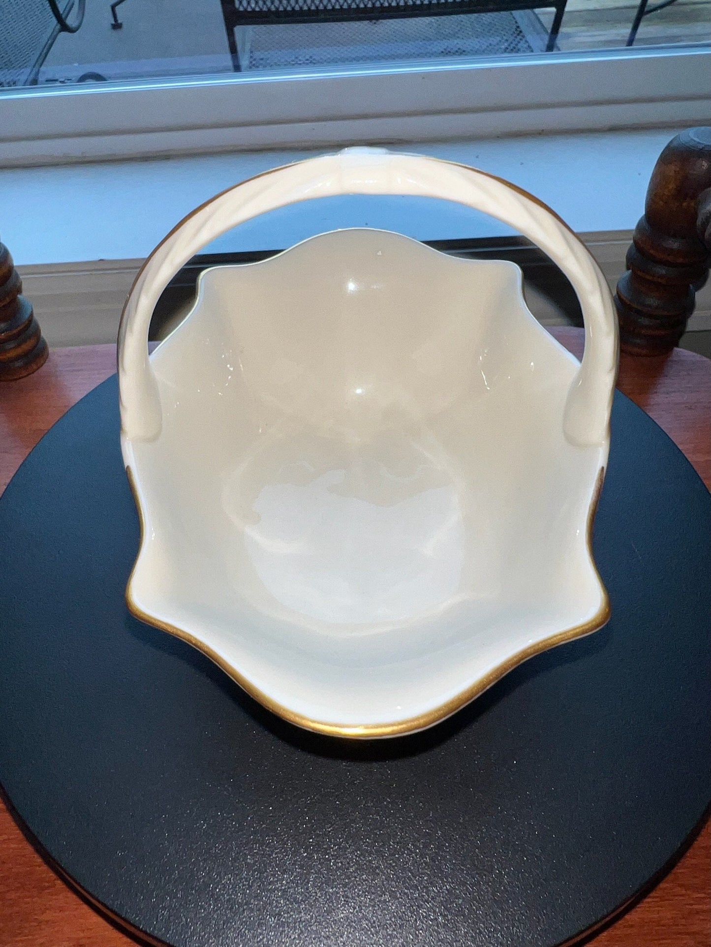 Vintage Lenox Cream Porcelain Basket Nut Dish 24K Gold Gilded Flower Embossed Pretty Things Made in USA Lover Antiques