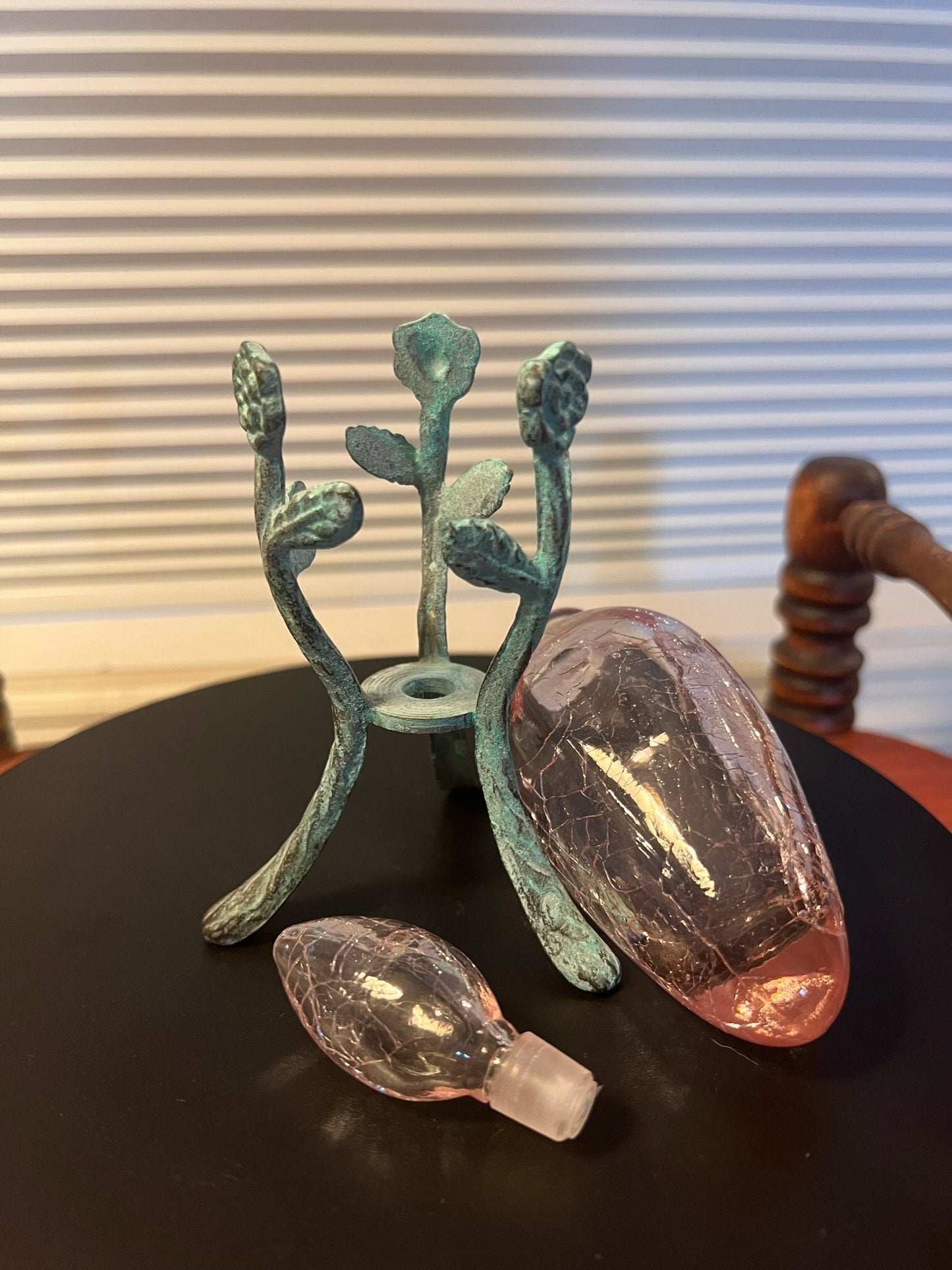 Vintage Pink Crackle Glass Perfume Bottle With Stopper, Green Metal Stand, Glass by Glass Act Studios Lover Antiques and Vintage
