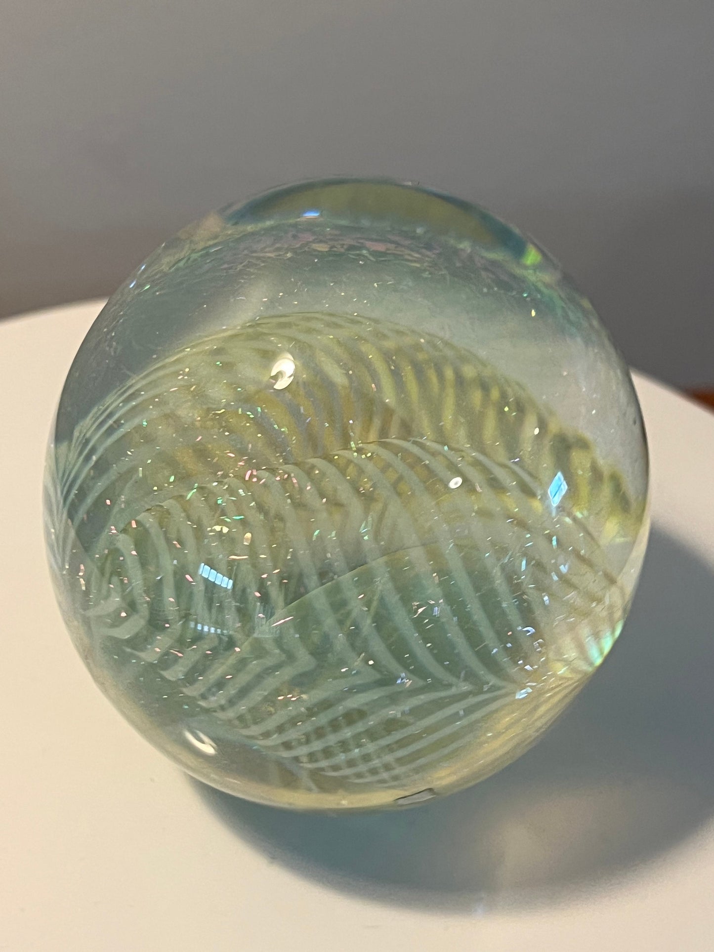 Vintage Robert Eickholt Dichroic Glass Art Paperweight layered glass hues of metallic sparkle Lover Antiques