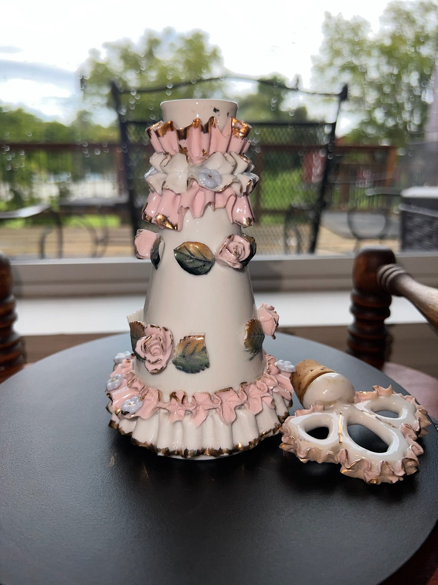 Vintage Thames Hand Painted Roses Perfume Bottle Ceramic Frilly Lace Lover Antiques and Vintage