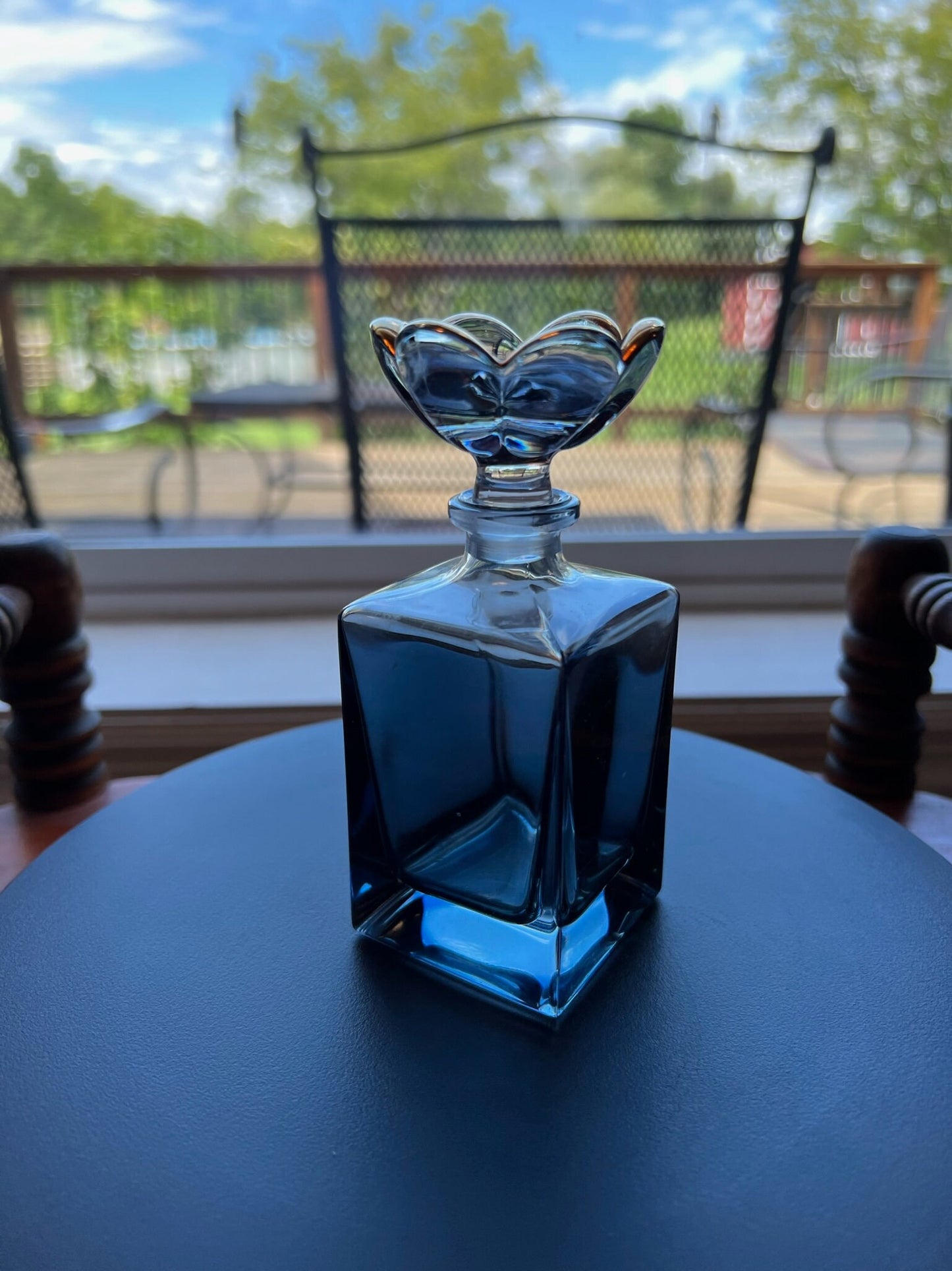 Vintage Blue Glass Perfume Bottle Decanter with Flower Stopper Art Glass Perfume Cologne Bottle Lover Antiques and Vintage