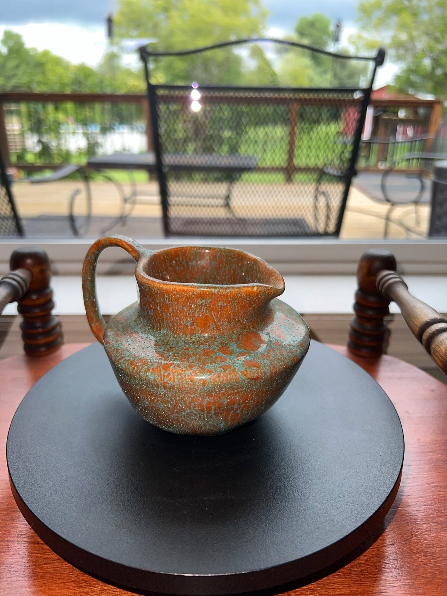 Vintage Hand Dripped Glazed Pottery Pitcher Jug with Handle Green & Brown Rust Lover Antiques and Vintage